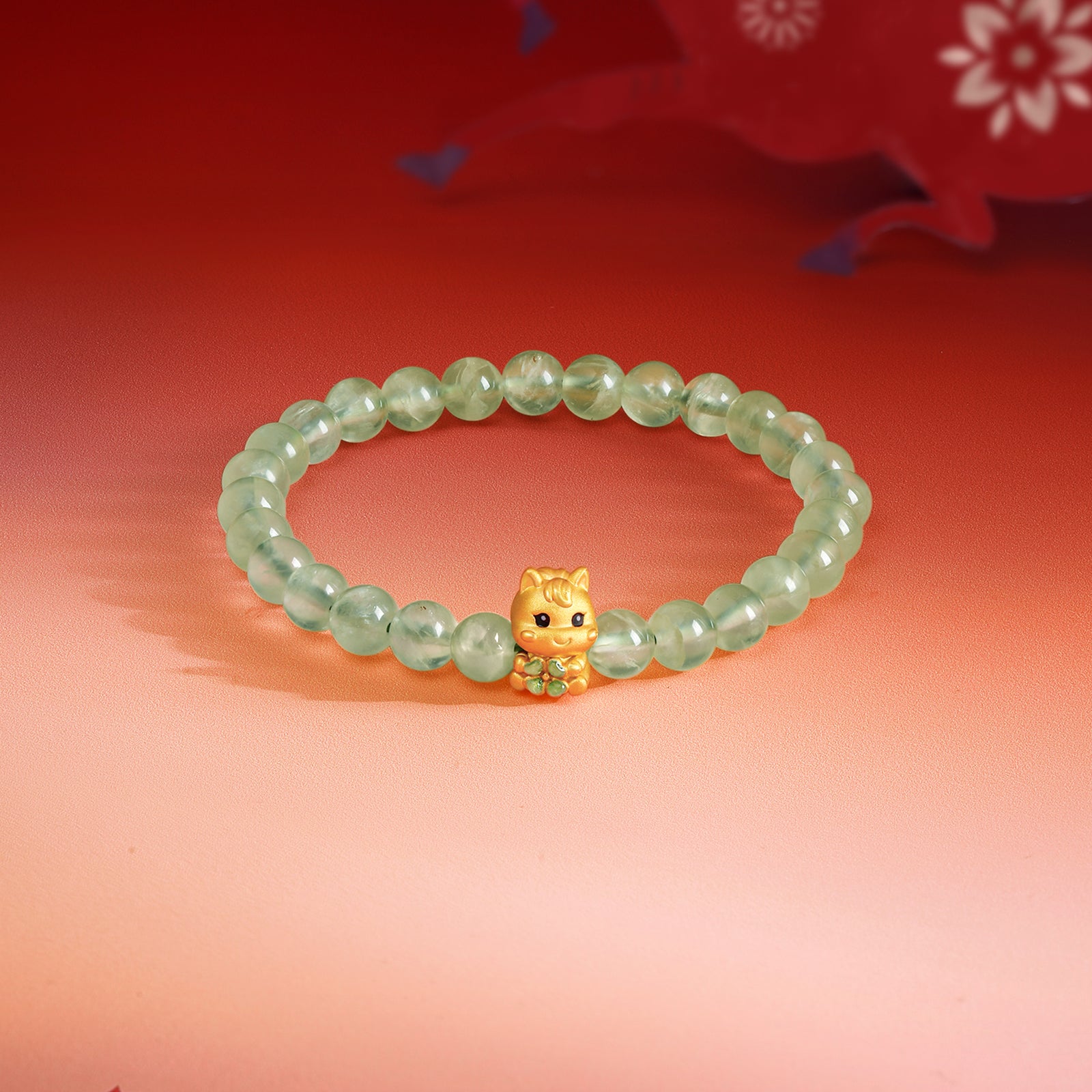 'Year of the Horse'  24K Gold Beaded Bracelet Prehnite Horse Clover 0.7-1g 17cm A1916023