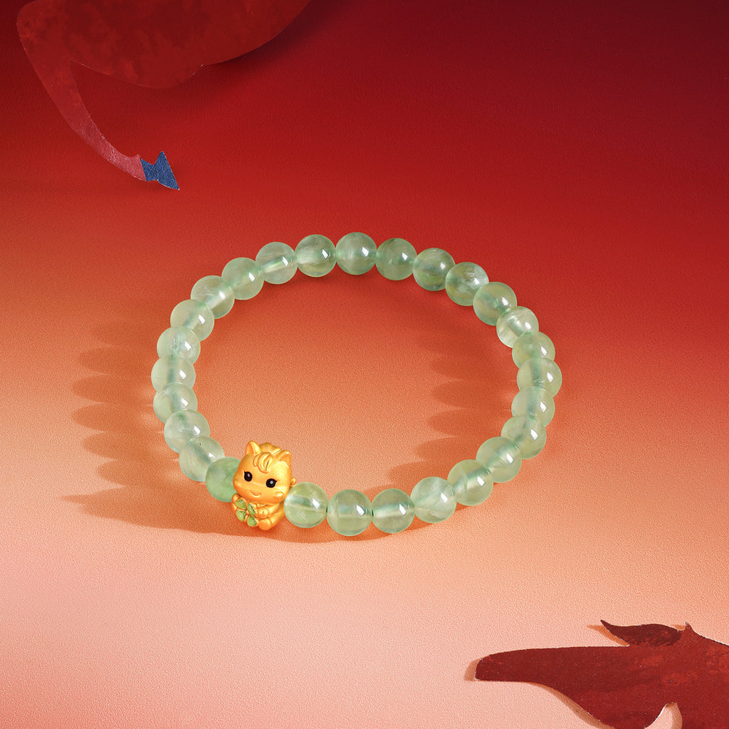 'Year of the Horse'  24K Gold Beaded Bracelet Prehnite Horse Clover 0.7-1g 17cm A1916023