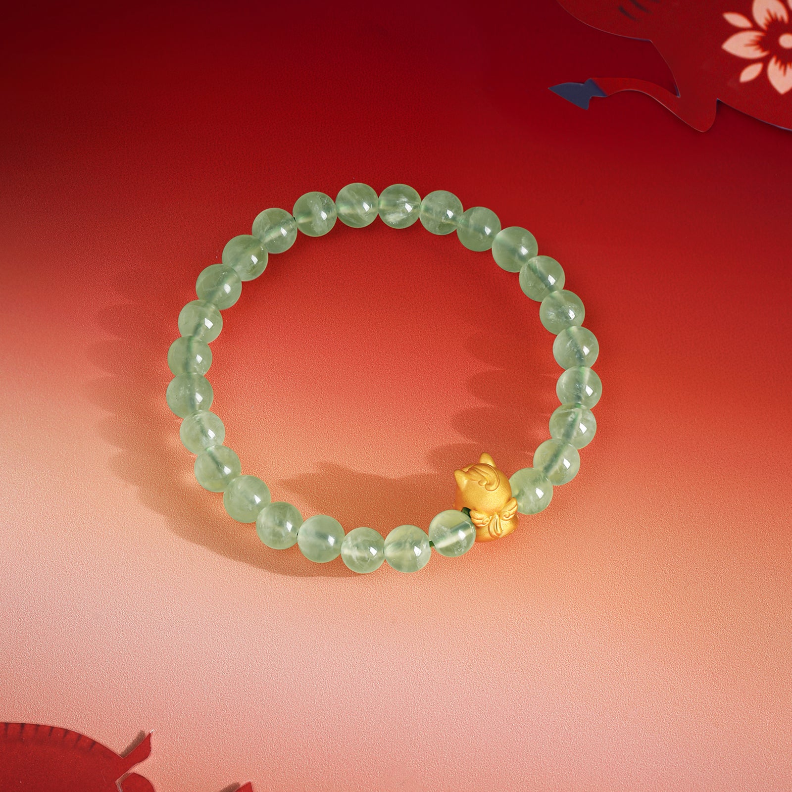 'Year of the Horse'  24K Gold Beaded Bracelet Prehnite Horse Clover 0.7-1g 17cm A1916023