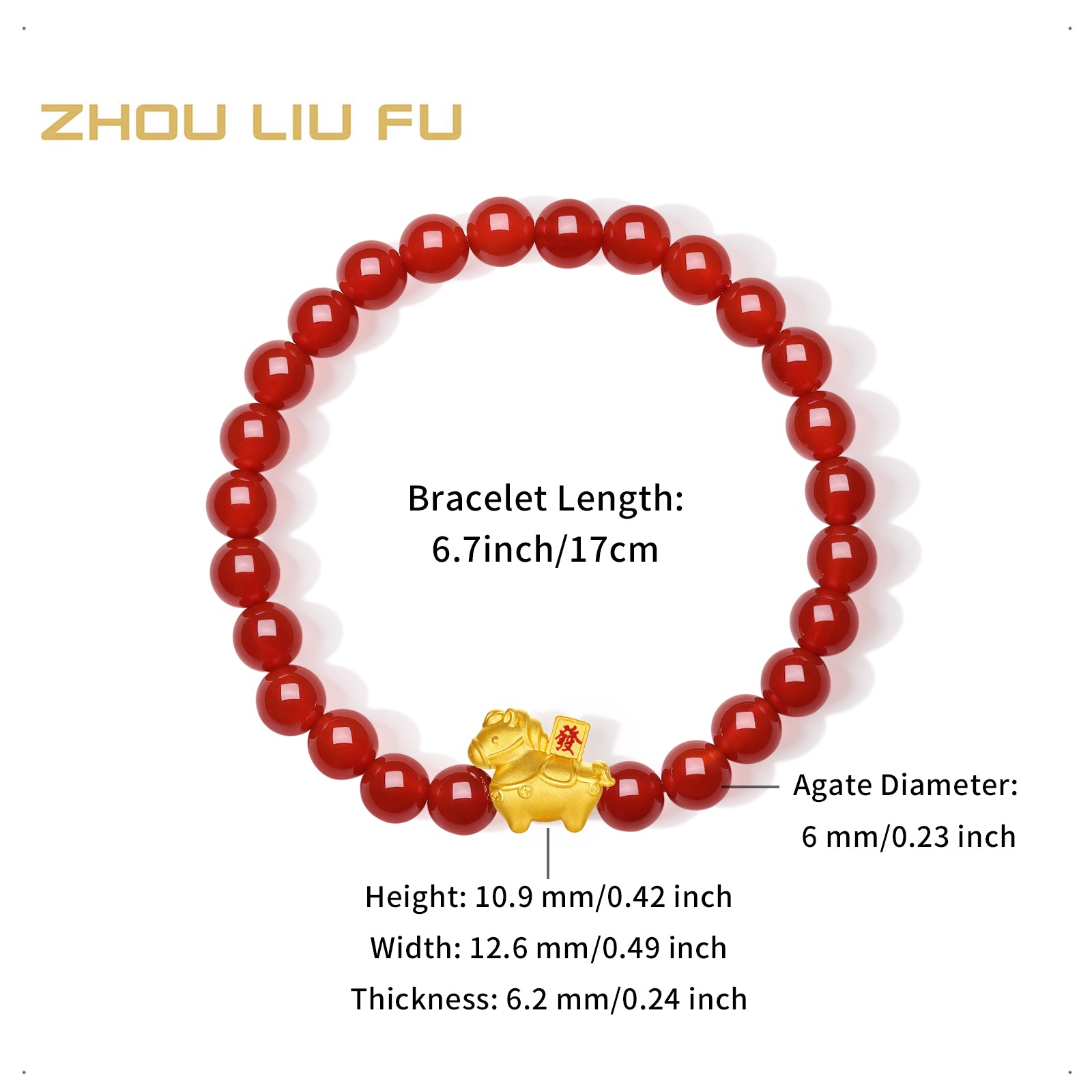 'Year of the Horse' 24K Gold Beaded Bracelet Agate Horse Wealth Fa 0.7-1g 17cm A1916284