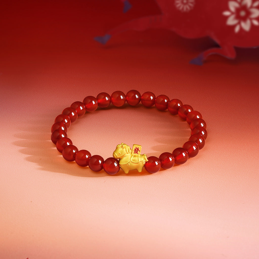 'Year of the Horse' 24K Gold Beaded Bracelet Agate Horse Wealth Fa 0.7-1g 17cm A1916284