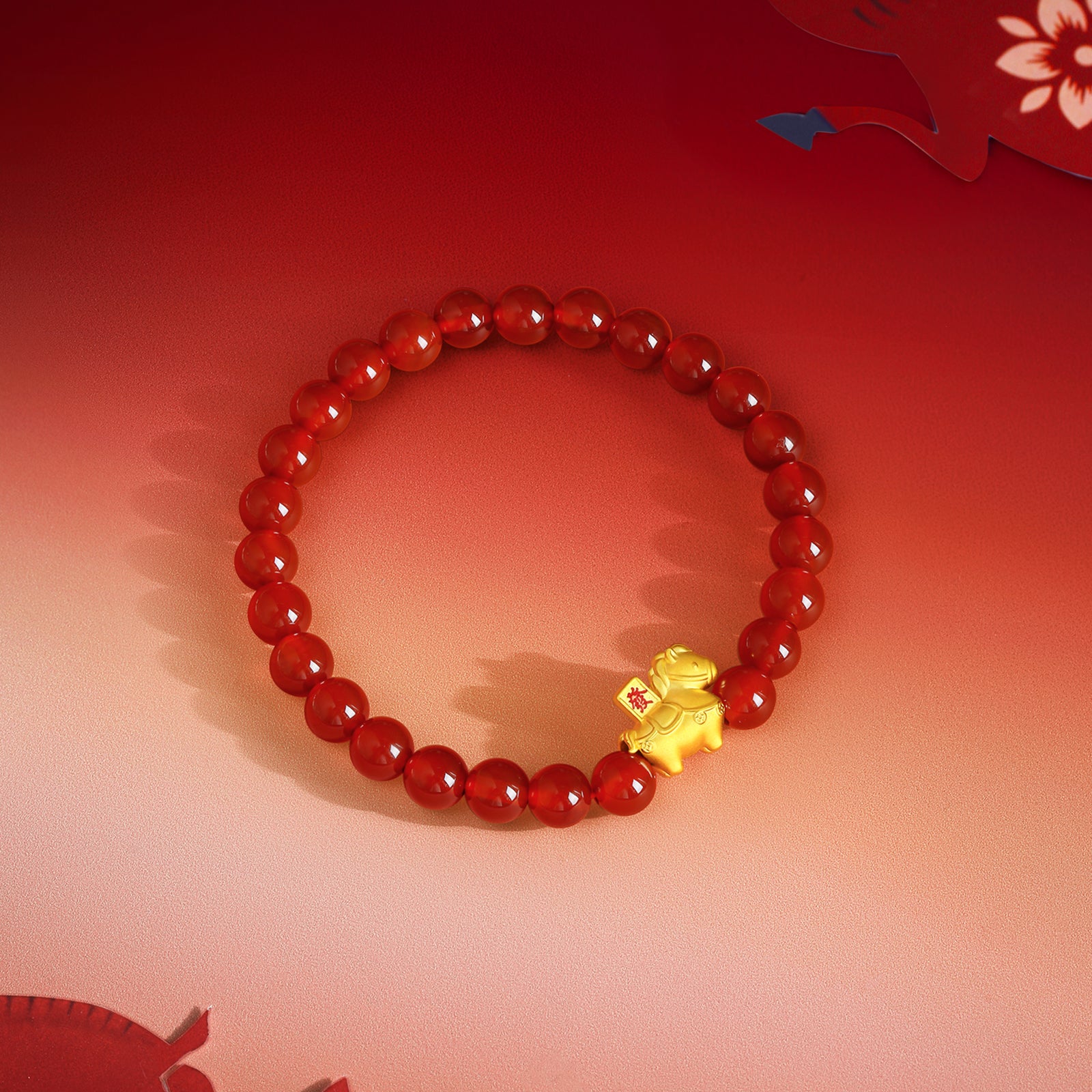 'Year of the Horse' 24K Gold Beaded Bracelet Agate Horse Wealth Fa 0.7-1g 17cm A1916284