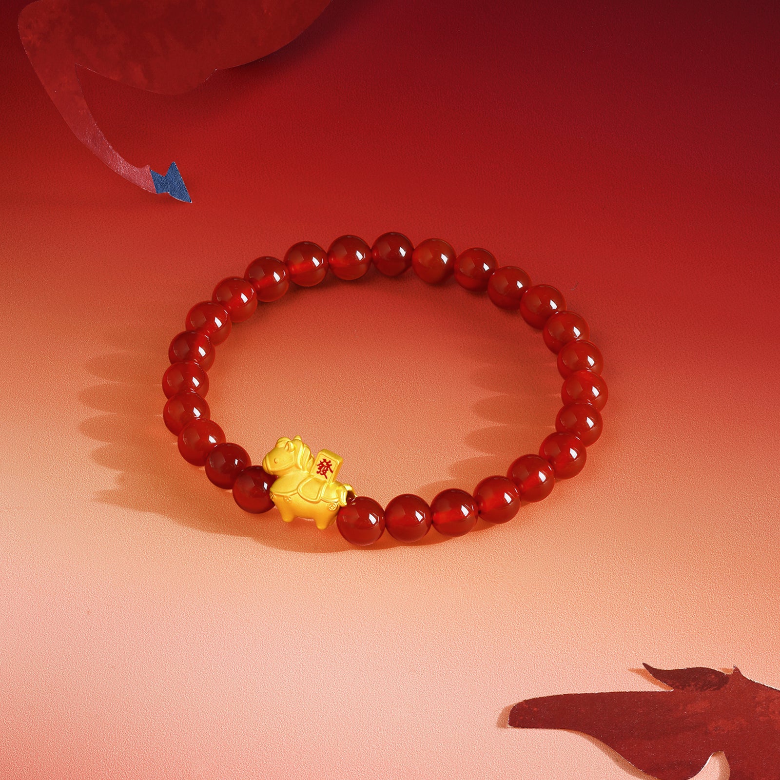 'Year of the Horse' 24K Gold Beaded Bracelet Agate Horse Wealth Fa 0.7-1g 17cm A1916284