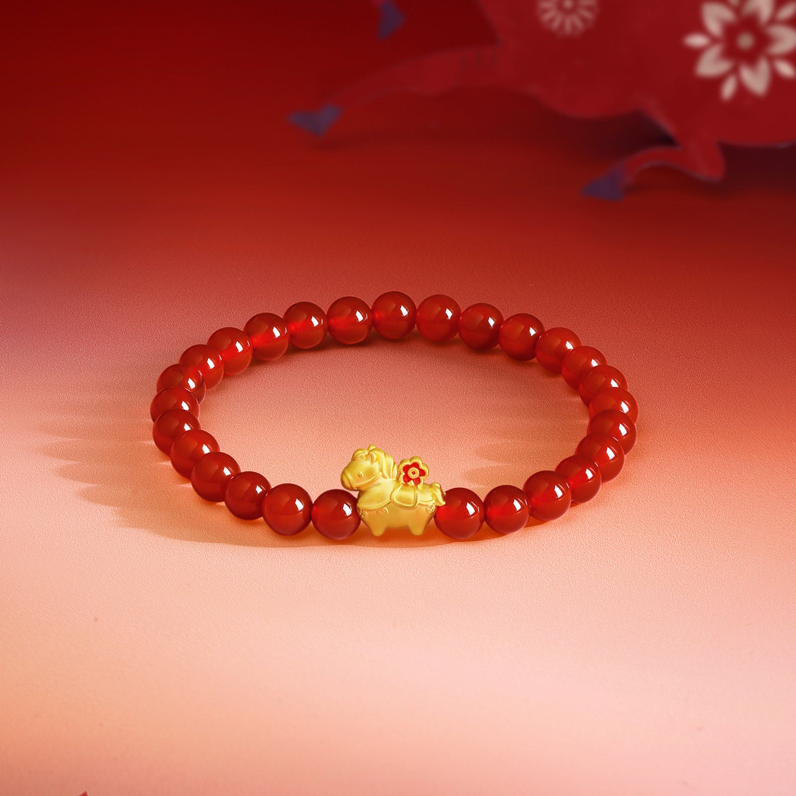 'Year of the Horse' 24K Gold Beaded Bracelet Agate Horse Flower 0.7-1g 17cm A1916285