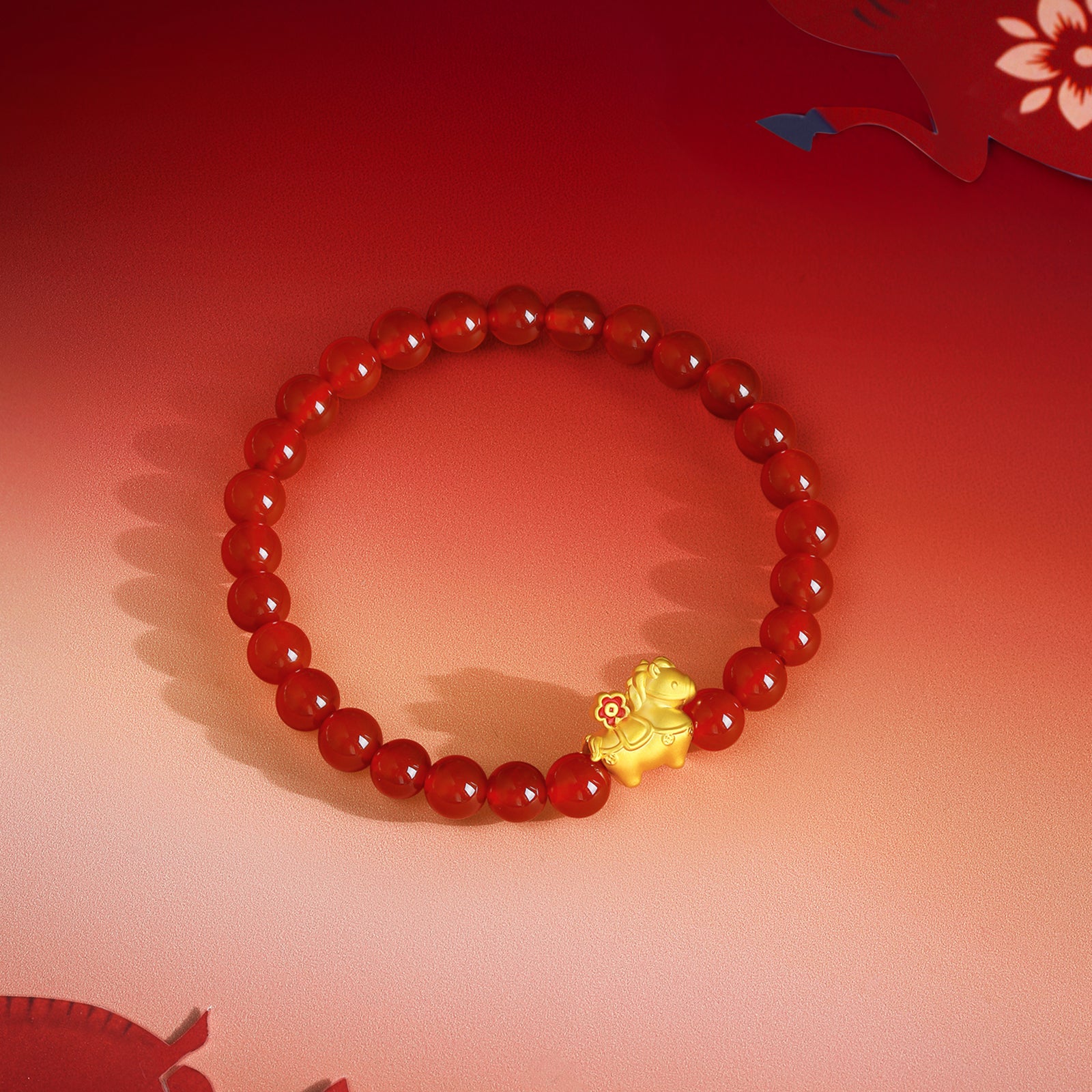 'Year of the Horse' 24K Gold Beaded Bracelet Agate Horse Flower 0.7-1g 17cm A1916285
