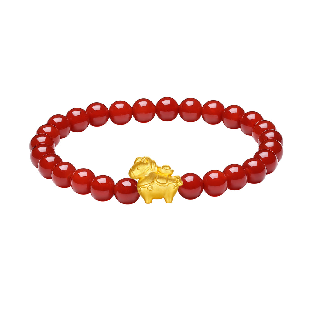 'Year of the Horse' 24K Gold Beaded Bracelet Agate Horse Yuanbao 0.7-1g 17cm A1916286