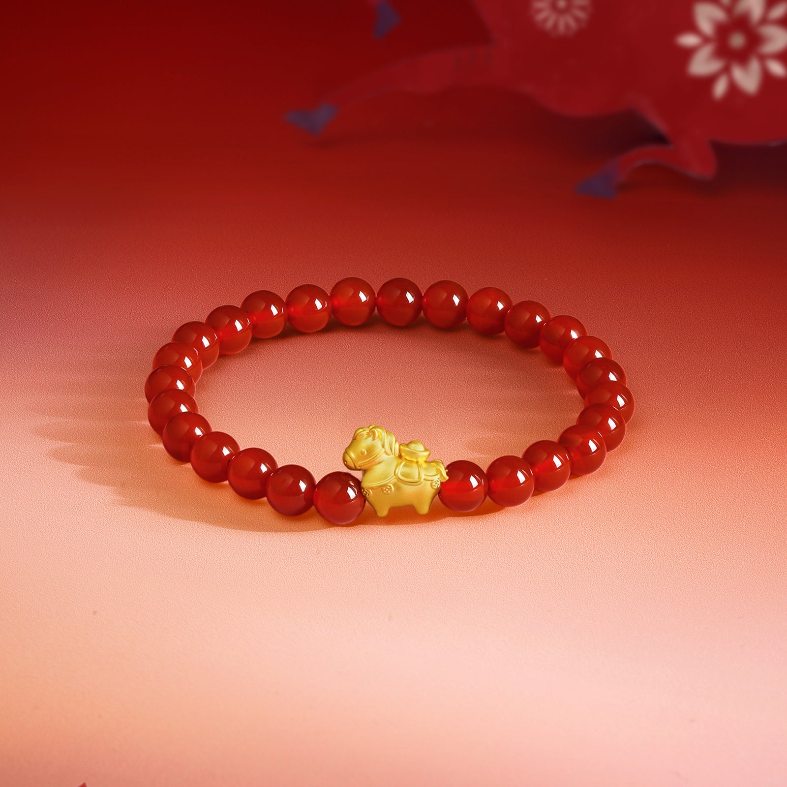 'Year of the Horse' 24K Gold Beaded Bracelet Agate Horse Yuanbao 0.7-1g 17cm A1916286