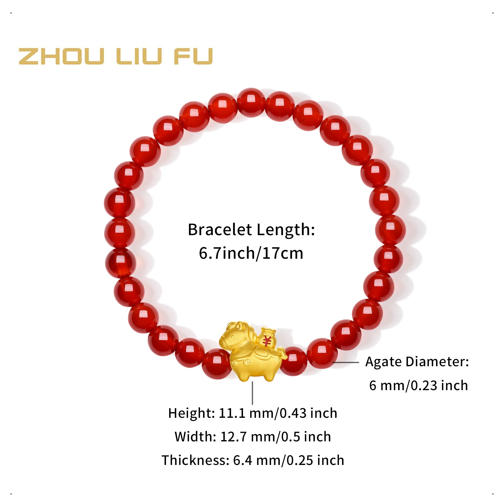 「馬年」24K金珠手鍊，瑪瑙馬圖案，寓意財富，0.7-1克，17厘米，A1916287