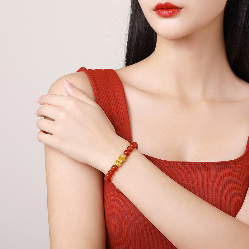 24K Gold Beaded Bracelet Agate Pixiu 0.9-1.2g AEMN195631