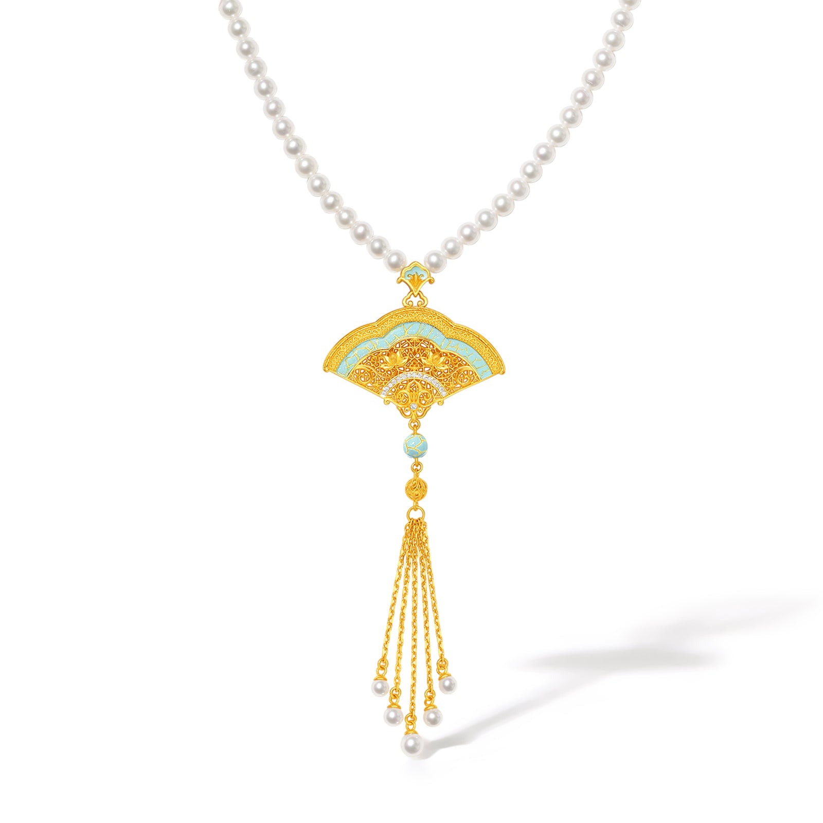 "Chinese Culture Collection - Ru Ware" 24K Gold Pendant Necklace Pearl 3.5-4mm Diamond 0.003-0.005mm 3-3.5mm 8.71-10.71g X0648383