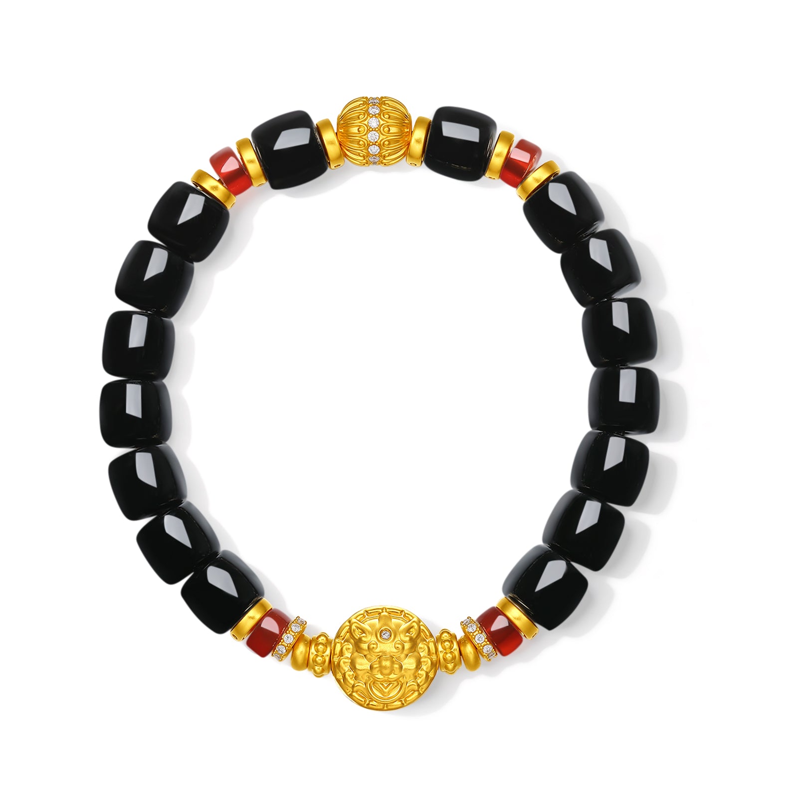 "Jiuhua Mountain" 24K Gold Beaded Bracelet Black Agate Buddha Sculpture 8.59-7.58mm 18cm J1936516