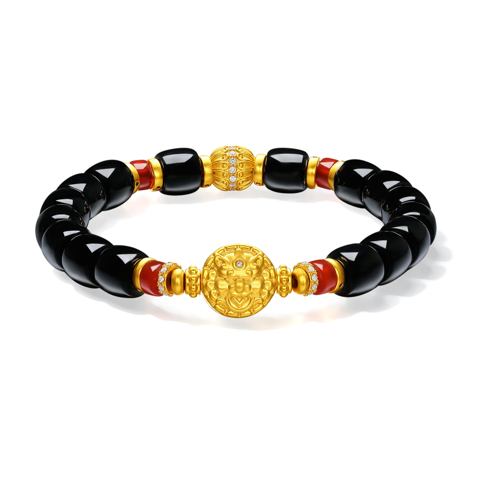 "Jiuhua Mountain" 24K Gold Beaded Bracelet Black Agate Buddha Sculpture 8.59-7.58mm 18cm J1936516