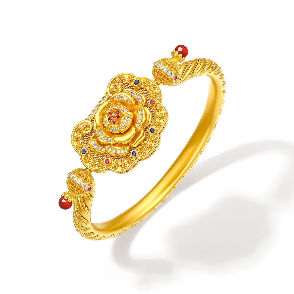 "Chinese Culture Collection - Dan Qing" 999 24K Gold Bangle Bracelet Diamond 0.0073ct Ruby 0.011ct Aquamarine 3.5-4mm Ruyi 67-77g W1050050