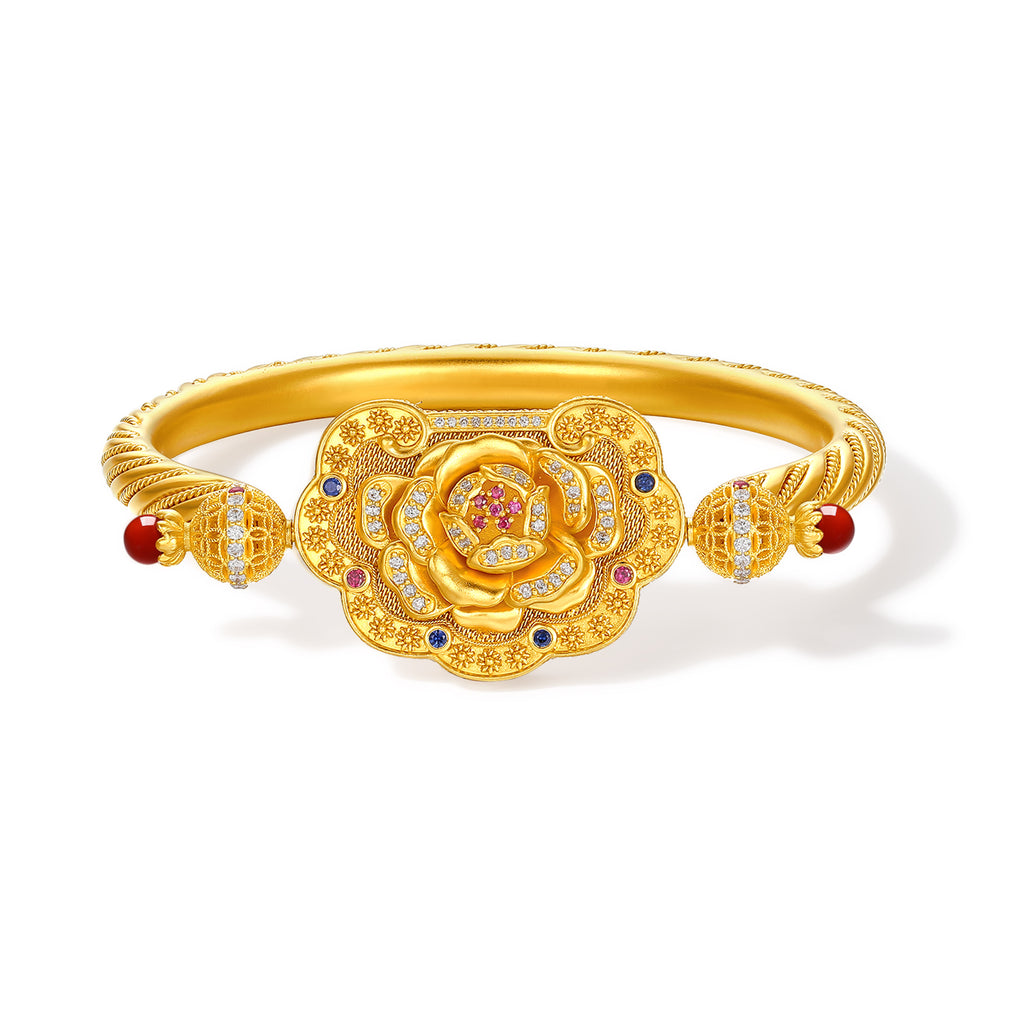 "Chinese Culture Collection - Dan Qing" 999 24K Gold Bangle Bracelet Diamond 0.0073ct Ruby 0.011ct Aquamarine 3.5-4mm Ruyi 67-77g W1050050
