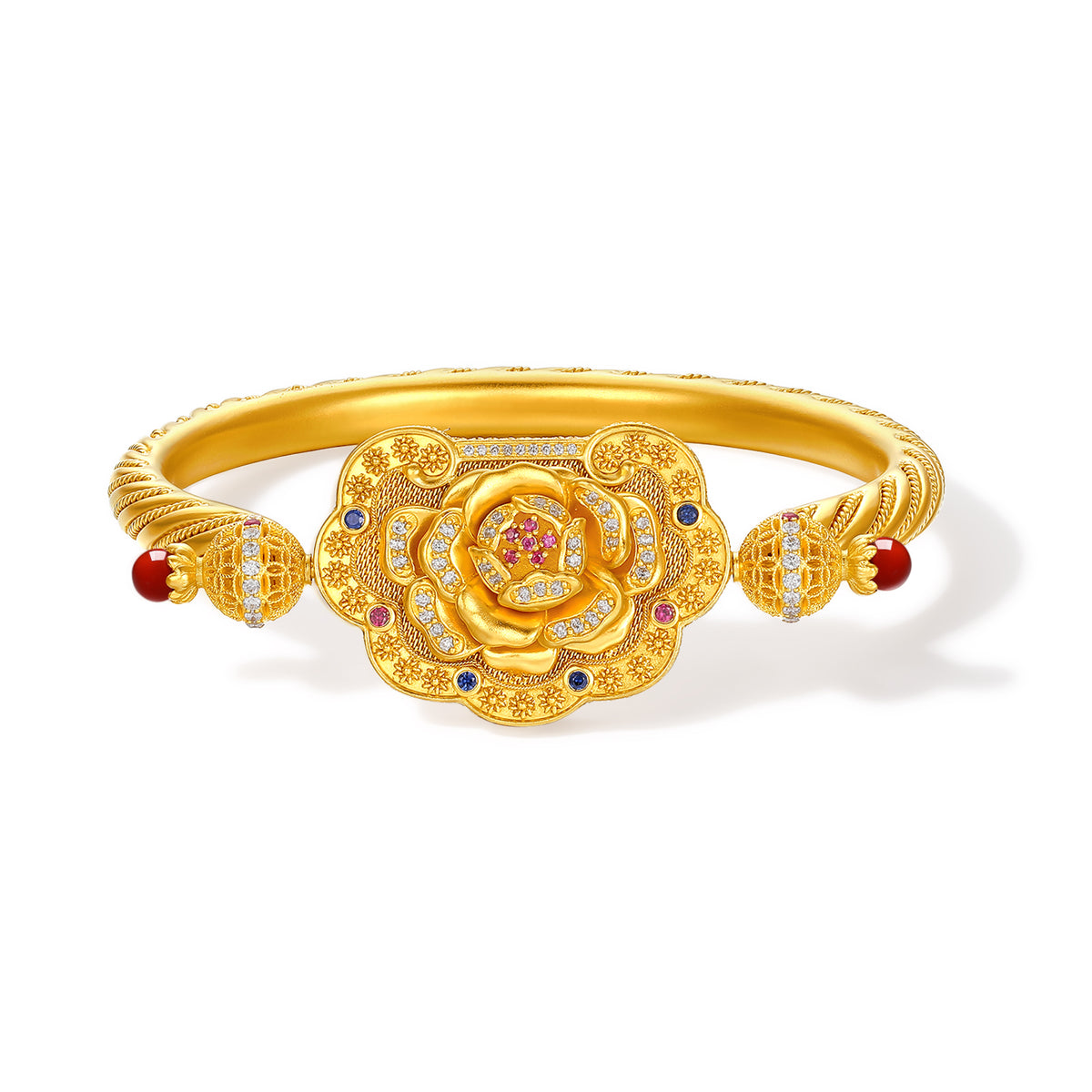 "Chinese Culture Collection - Dan Qing" 999 24K Gold Bangle Bracelet Diamond 0.0073ct Ruby 0.011ct Aquamarine 3.5-4mm Ruyi 67-77g W1050050