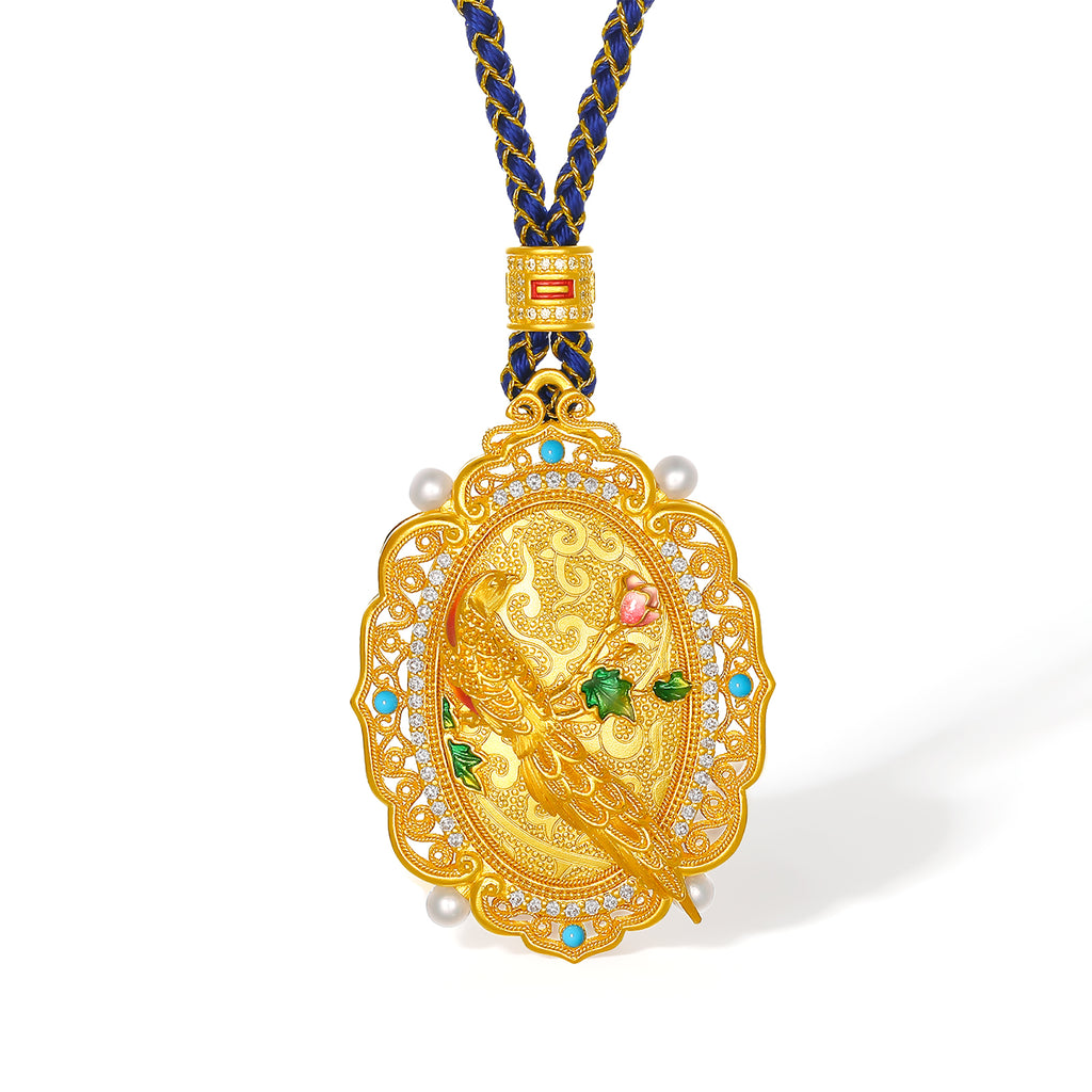 "Chinese Culture Collection - Dan Qing" 999 24K Gold String Pendant Diamond 0.0039ct Freshwater Pearl 2.5-3mm 31-38g W0449949
