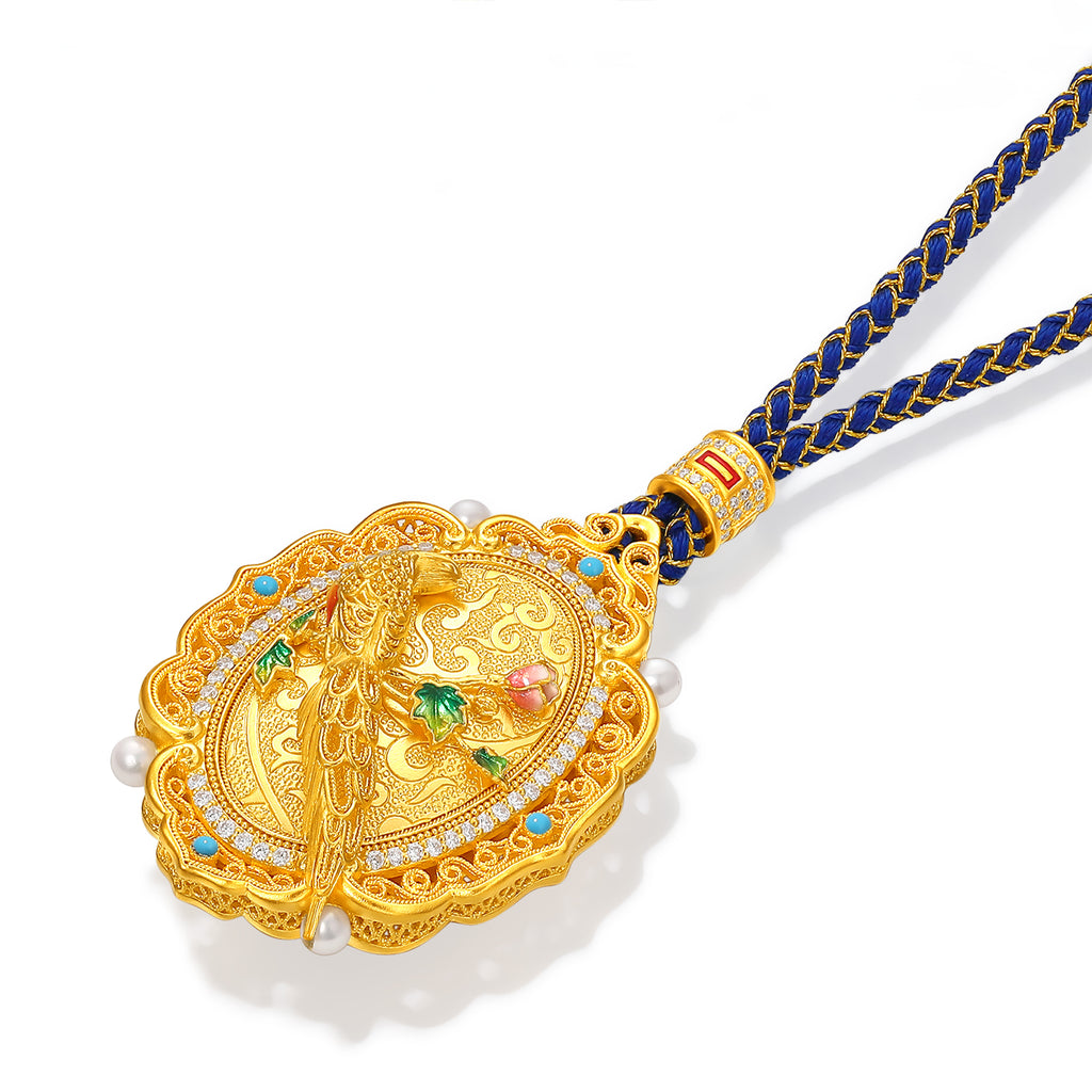 "Chinese Culture Collection - Dan Qing" 999 24K Gold String Pendant Diamond 0.0039ct Freshwater Pearl 2.5-3mm 31-38g W0449949