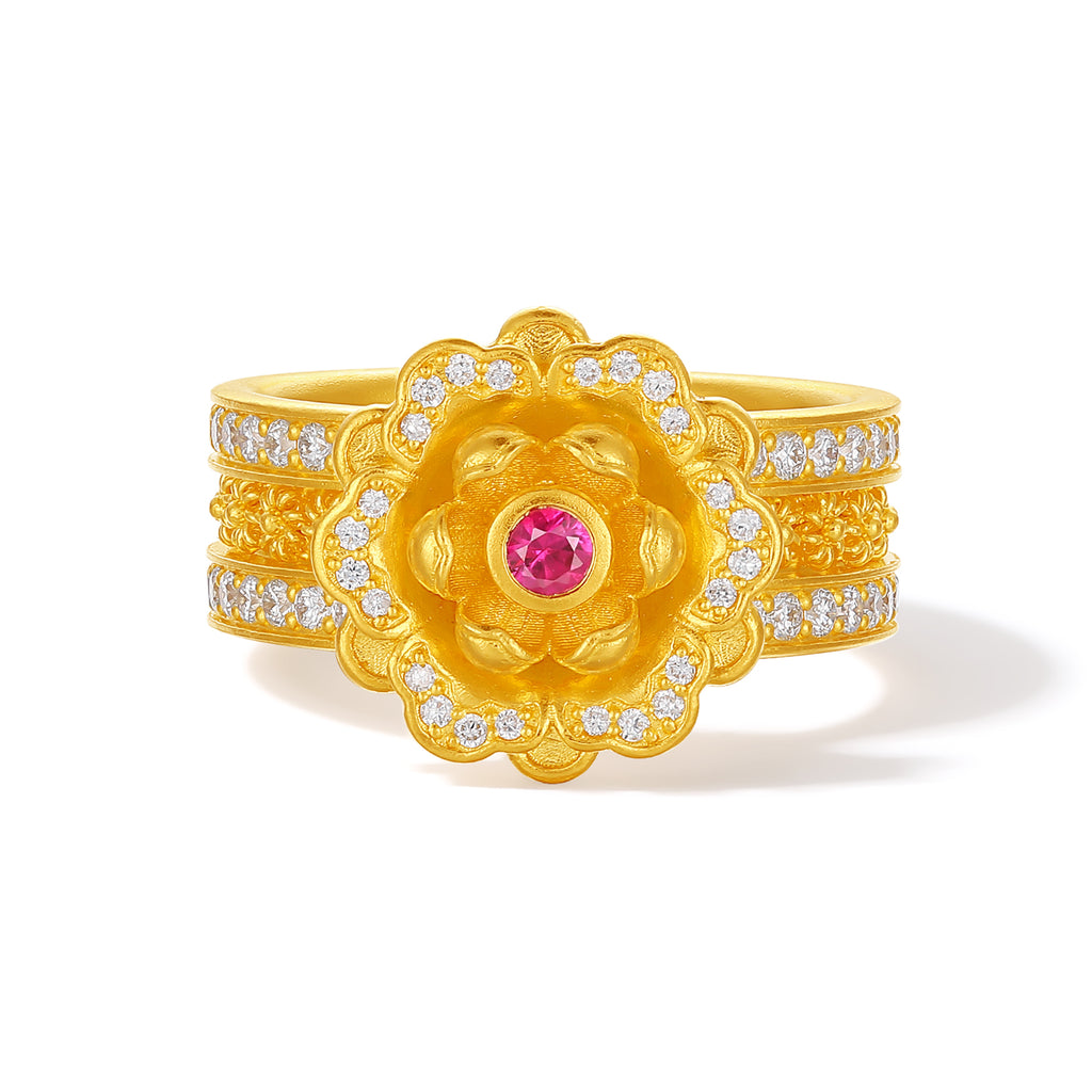 "Chinese Culture Collection - Dan Qing" 999 24K Gold Ring Diamond 0.0083ct Ruby 0.066ct 0 Floral 11.5-14.5g W0150055