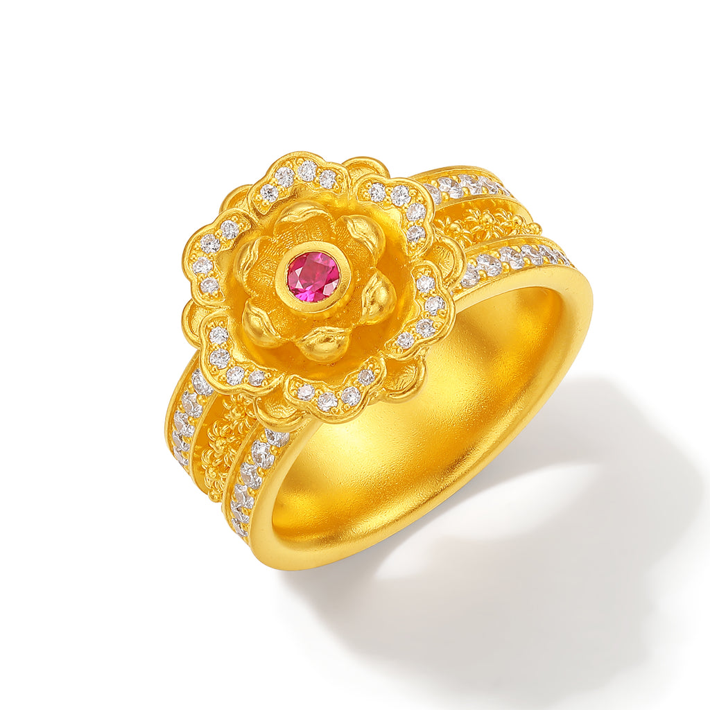 "Chinese Culture Collection - Dan Qing" 999 24K Gold Ring Diamond 0.0083ct Ruby 0.066ct 0 Floral 11.5-14.5g W0150055