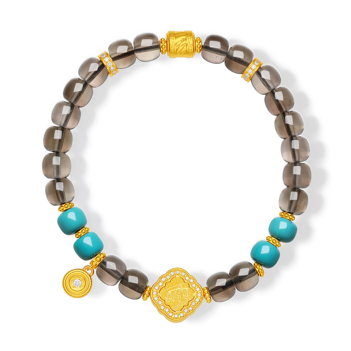 "Chinese Culture Collection - Dan Qing" 999 24K Gold Beaded Bracelet Crystal 6.9-7.4*6-6.5mm Diamond 0.0057ct Turquoise 5.5-8.5g J1950057