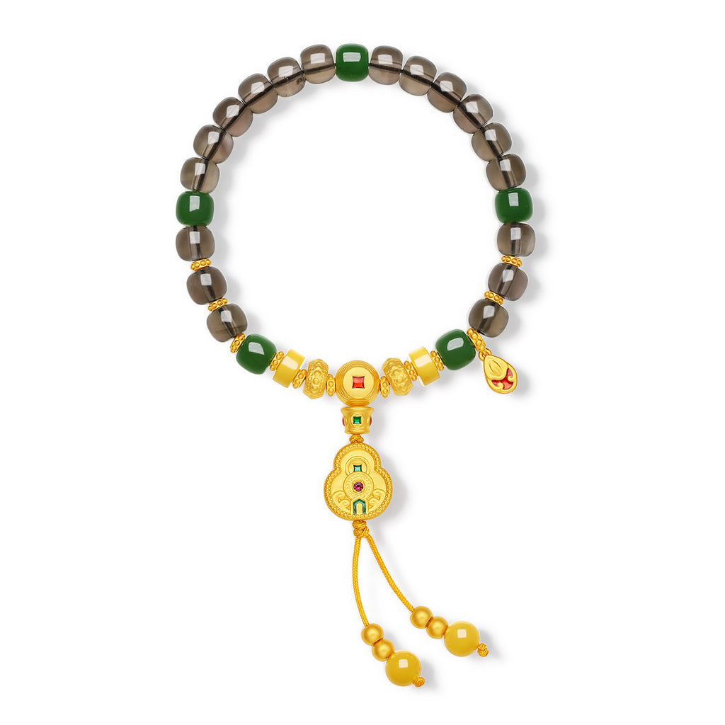 "Chinese Culture Collection - Dan Qing" 999 24K Gold Beaded Bracelet Crystal 7-7.5*6.1-6.6mm Ruby 0.013ct Hetian Jade 6.5-7.0*3.5-4mm Gourd 7.2-10.2g J1950065
