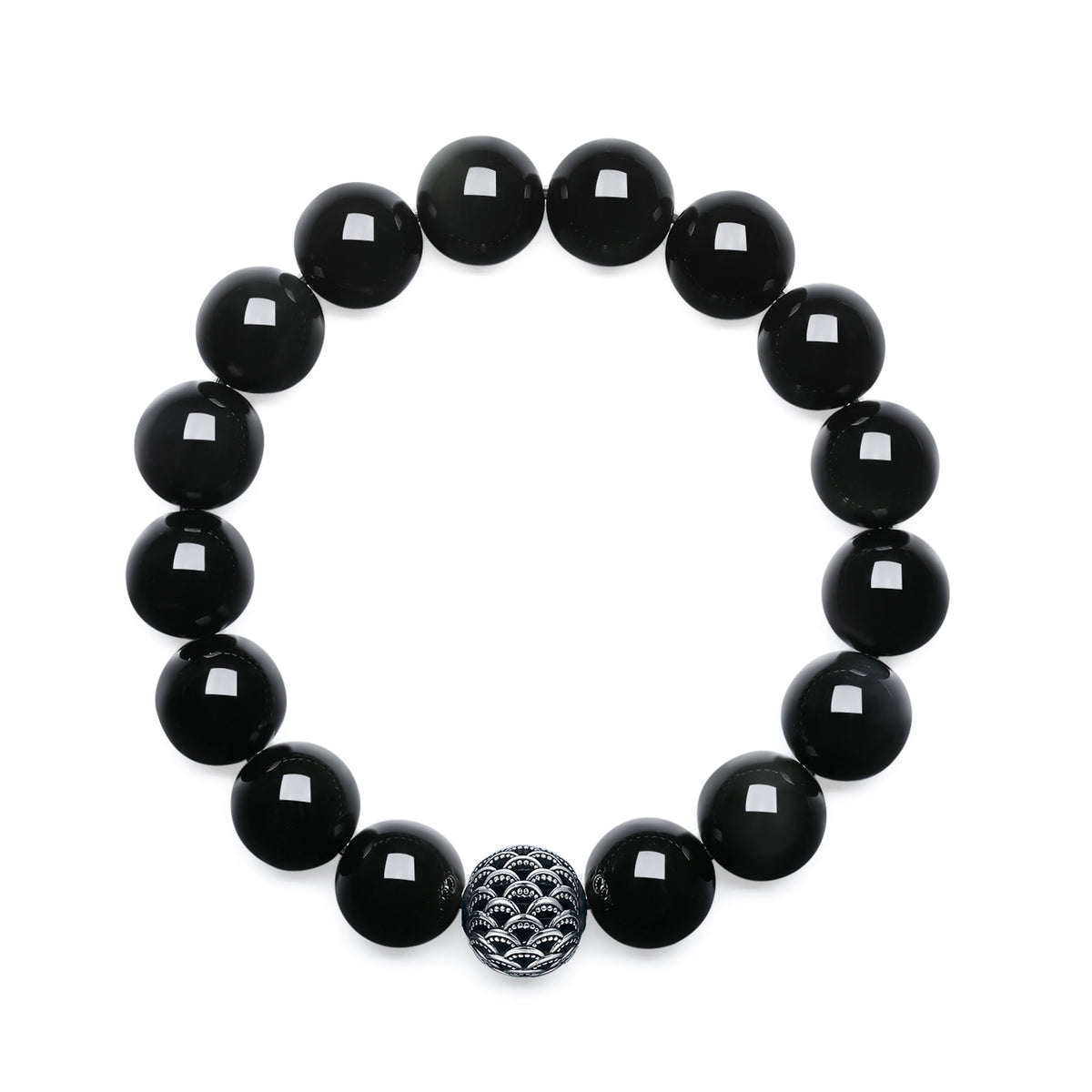 ZHOU LIU FU 13mm Chunky Black Obsidian Beaded Stretch Bracelet for Men, 925 Sterling Silver Fish-Scale Bead Feng Shui Jewelry for Good Luck 7.9in J19116857