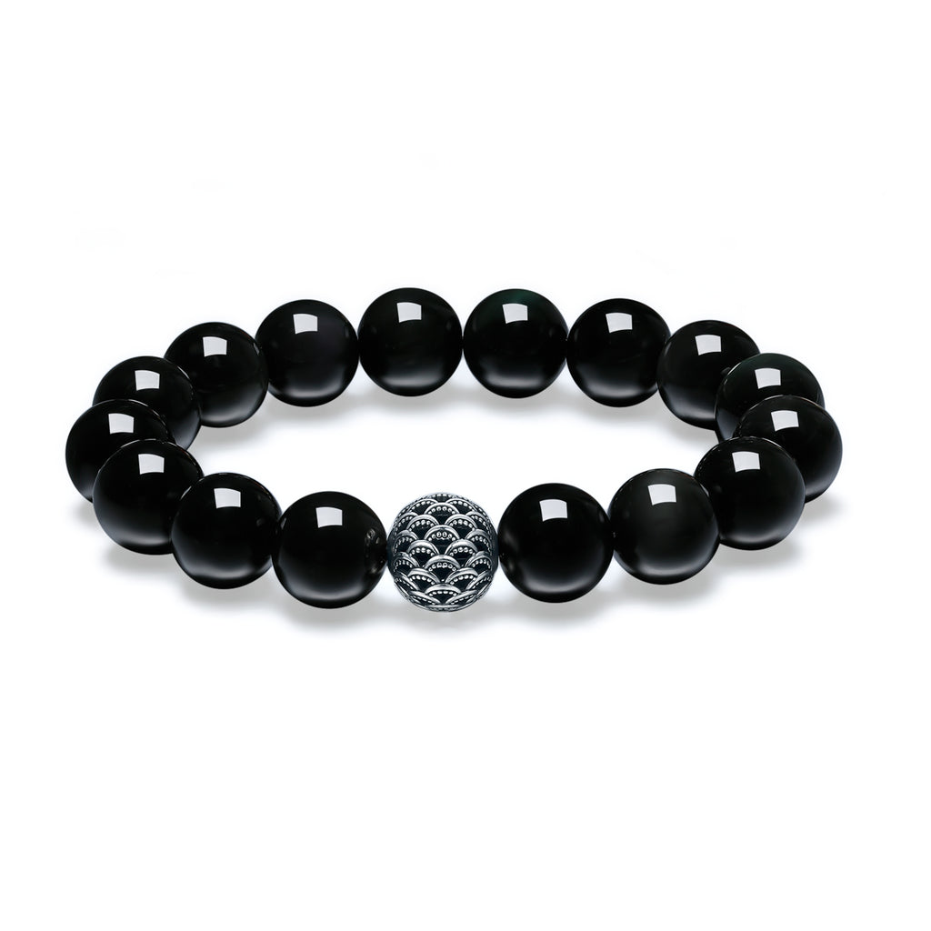 ZHOU LIU FU 13mm Chunky Black Obsidian Beaded Stretch Bracelet for Men, 925 Sterling Silver Fish-Scale Bead Feng Shui Jewelry for Good Luck 7.9in J19116857