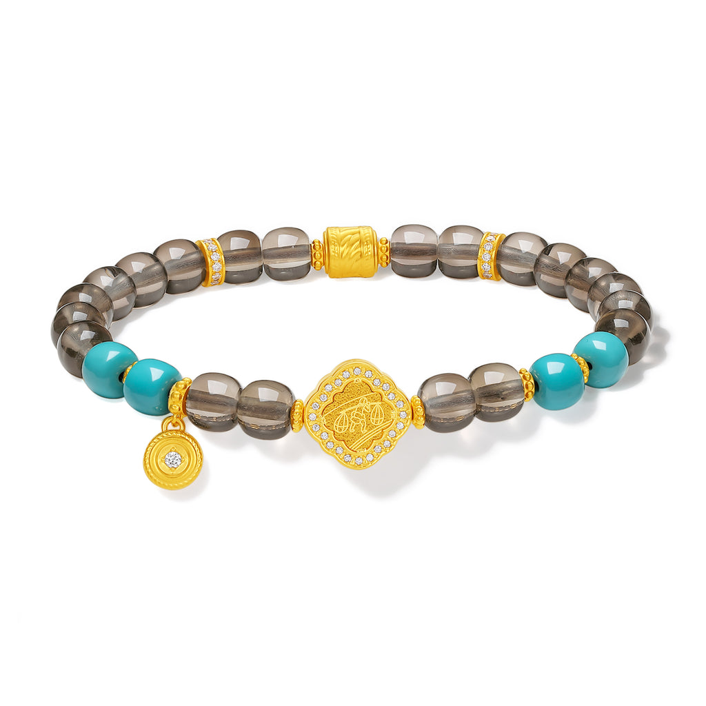 "Chinese Culture Collection - Dan Qing" 999 24K Gold Beaded Bracelet Crystal 6.9-7.4*6-6.5mm Diamond 0.0057ct Turquoise 5.5-8.5g J1950057