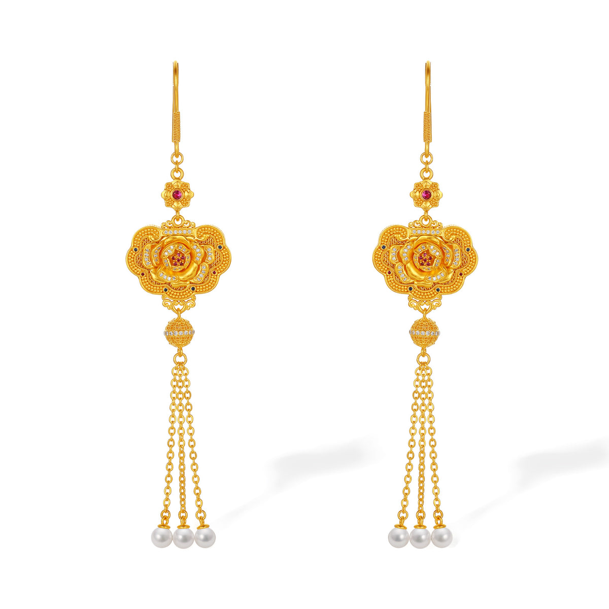 "Chinese Culture Collection - Dan Qing" 999 24K Gold Earrings Diamond 0.0024ct Ruby 0.0089ct Aquamarine 3.8-4.3mm Ruyi 25-31g W0950046