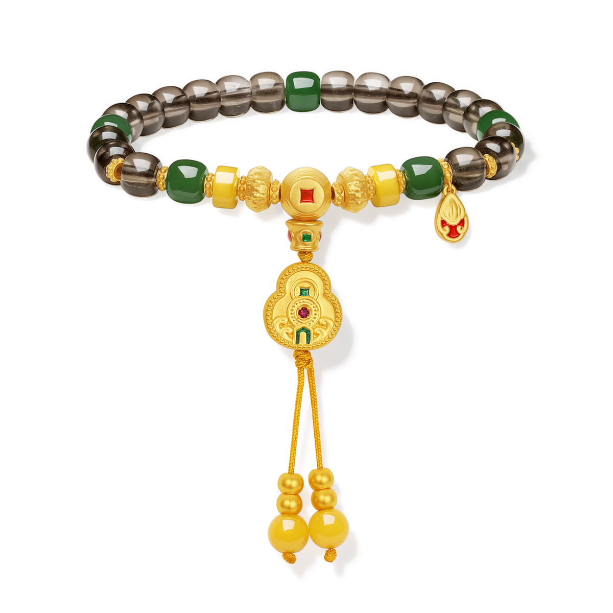 "Chinese Culture Collection - Dan Qing" 999 24K Gold Beaded Bracelet Crystal 7-7.5*6.1-6.6mm Ruby 0.013ct Hetian Jade 6.5-7.0*3.5-4mm Gourd 7.2-10.2g J1950065