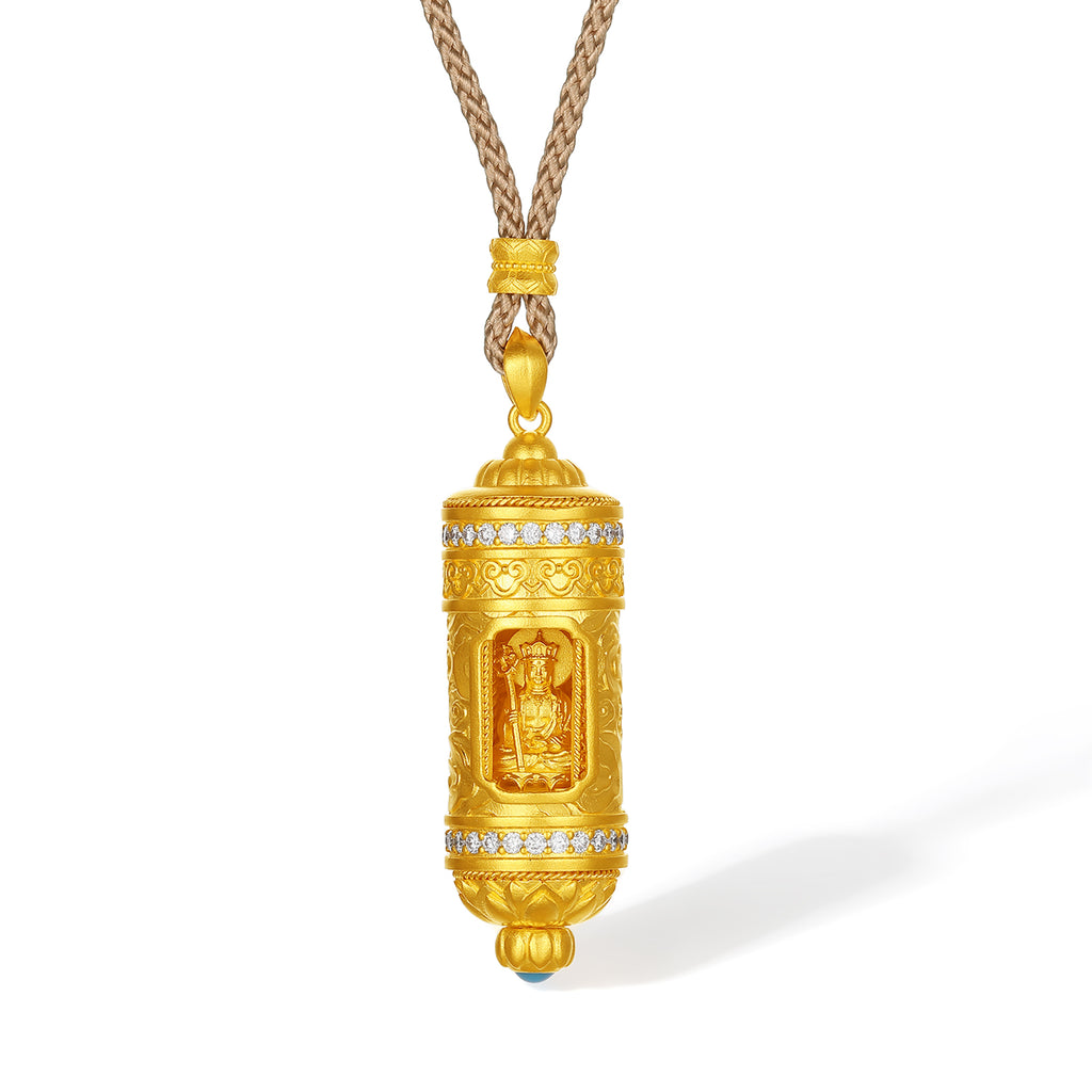 "Jiuhua Mountain" 24K Gold Diamond Openable Cylinder Buddha Pendant 0.014ct W0440420