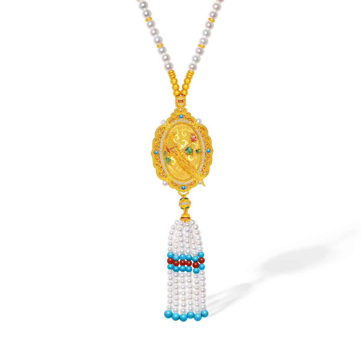 "Chinese Culture Collection - Dan Qing" 999 24K Gold String Pendant Necklace String Freshwater Pearl 3-5.5mm Diamond 0.0069ct Ruby 3-4.3mm Floral 55-62g X0650066