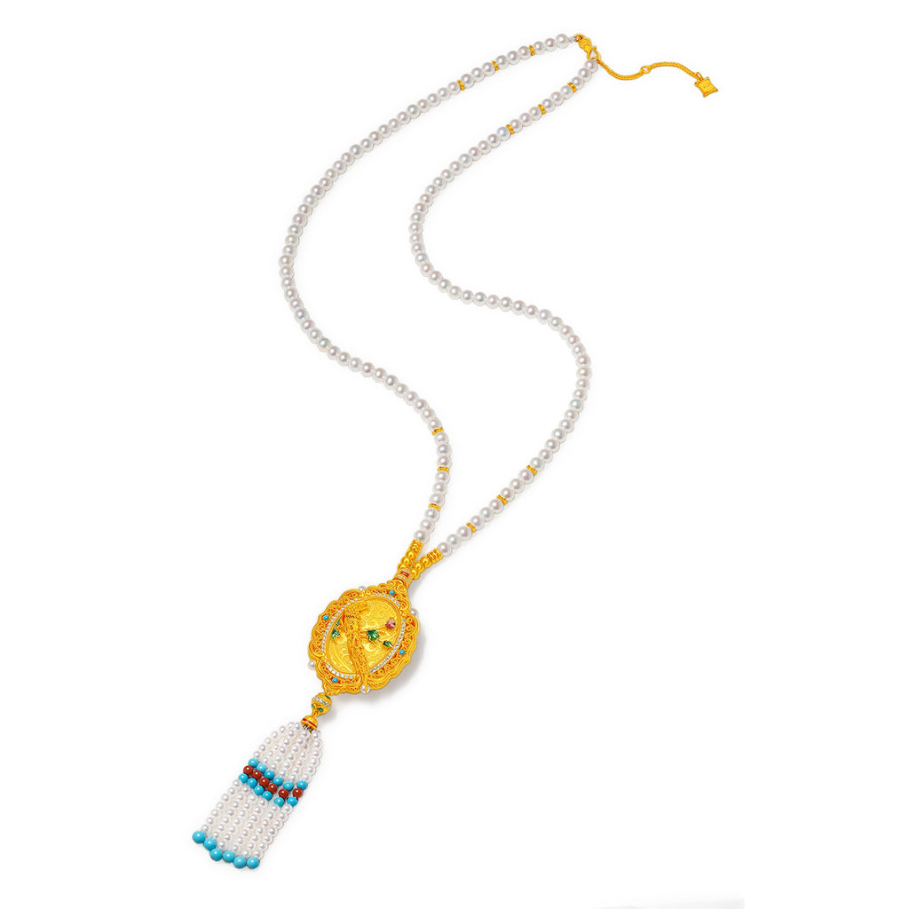 "Chinese Culture Collection - Dan Qing" 999 24K Gold String Pendant Necklace String Freshwater Pearl 3-5.5mm Diamond 0.0069ct Ruby 3-4.3mm Floral 55-62g X0650066
