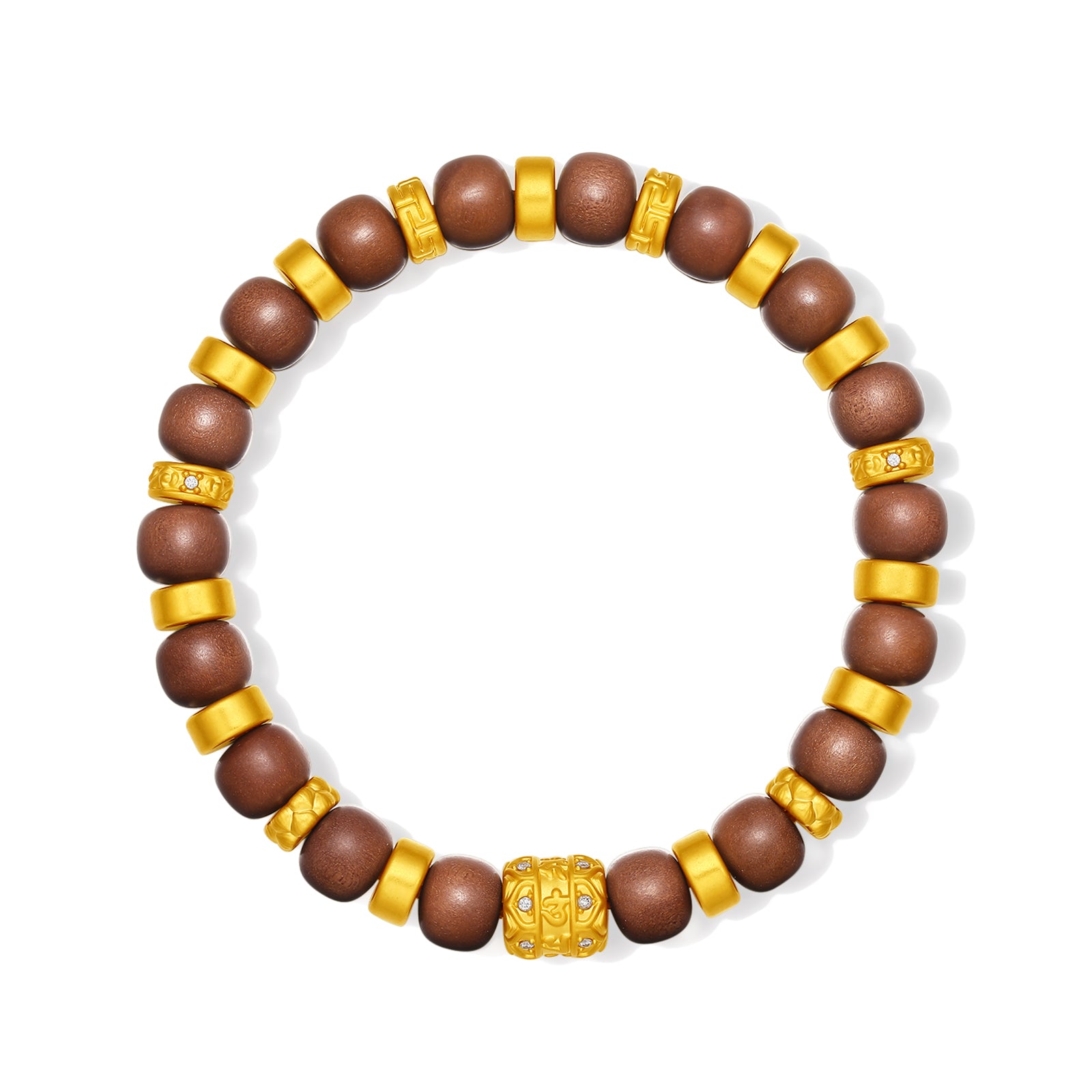 "Jiuhua Mountain" 24K Gold Sandalwood Beaded Bracelet Diamond Floral Charm W1935450