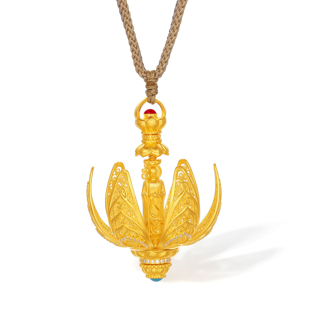 "Jiuhua Mountain" 24K Gold Diamond Filigree Openable Vase Pendant 0.0023ct W0440428