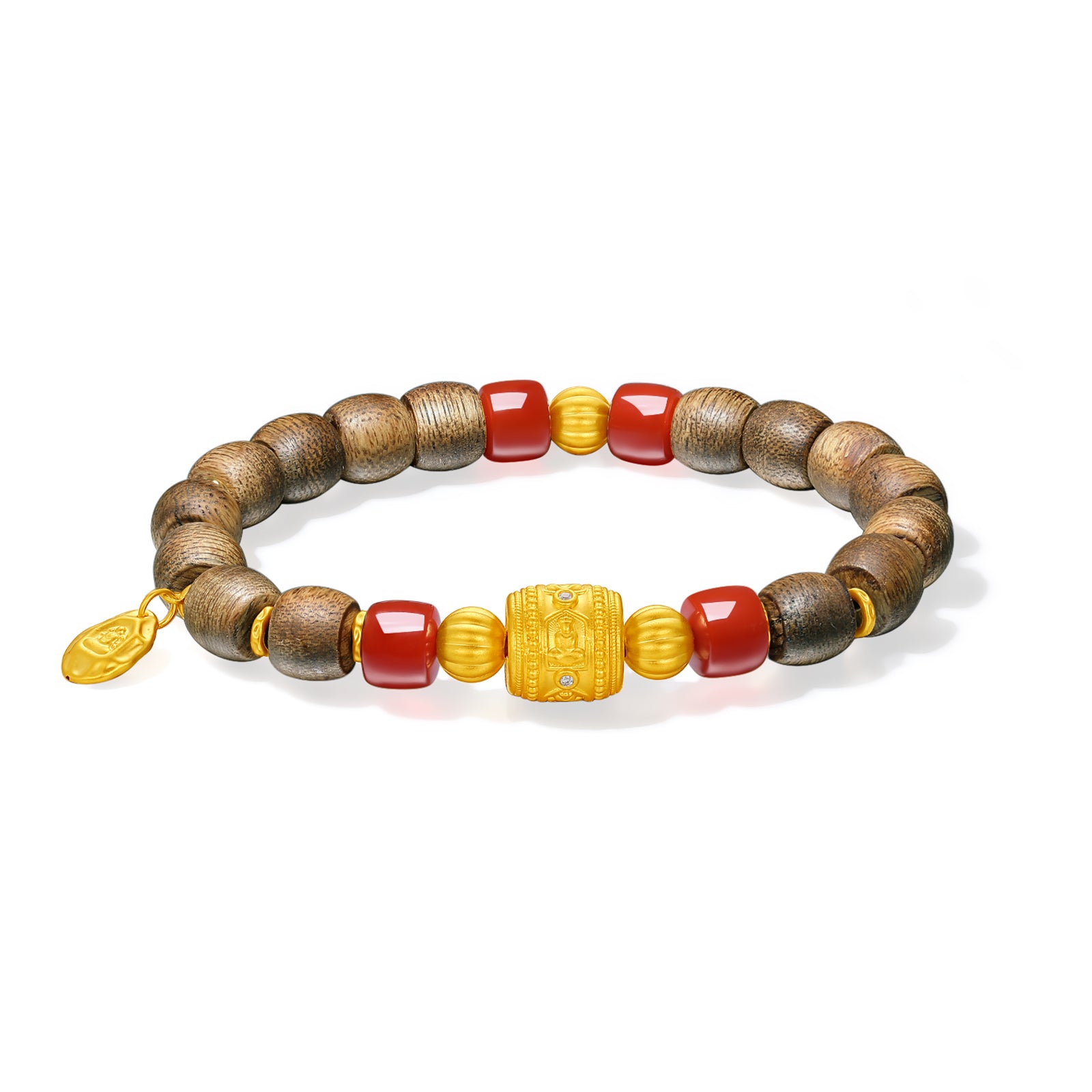 "Jiuhua Mountain" 24K Gold Beaded Bracelet Agate Chenxiang Engraved Barrel Pendant 8.5*9-7.5mm 18cm J1936223