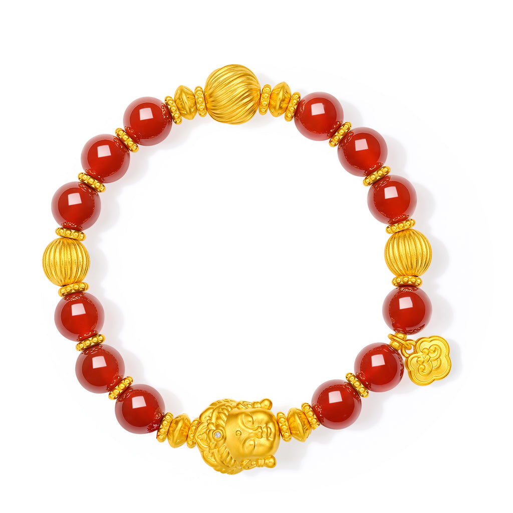 "Jiuhua Mountain" 24K Gold Beaded Bracelet Agate Buddha Sculpture 8-8.5mm 18cm J1935477