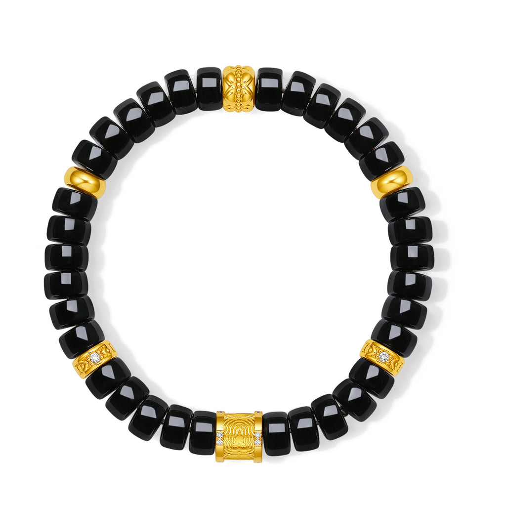 "Jiuhua Mountain" 24K Gold Beaded Bracelet Black Agate Carved Barrel 7.5-8*4-4.5mm 18cm J1937738