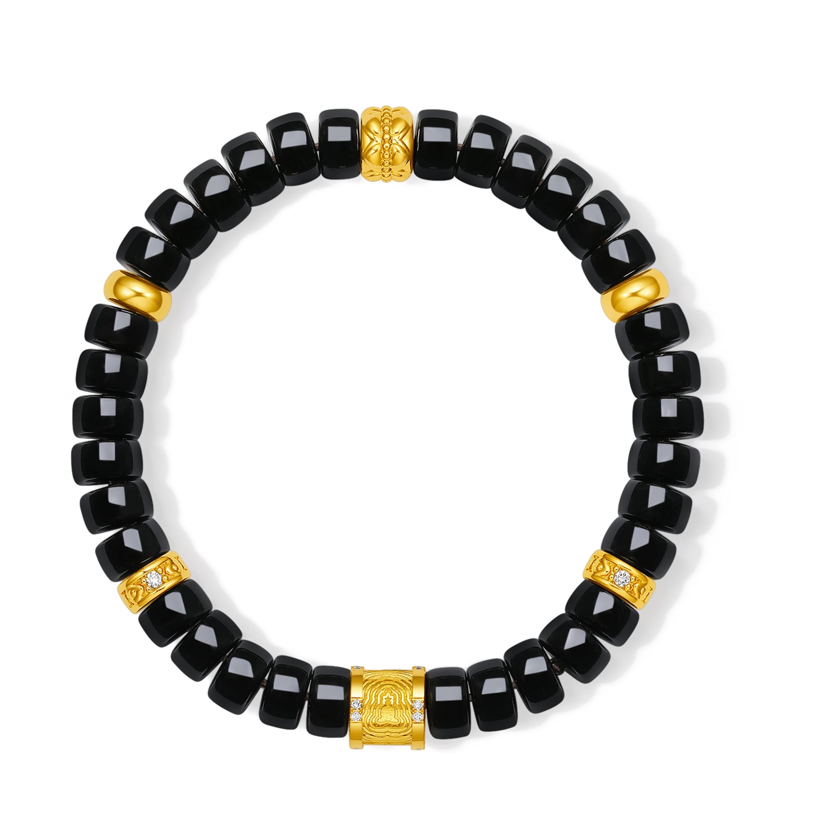 "Jiuhua Mountain" 24K Gold Beaded Bracelet Black Agate Carved Barrel 7.5-8*4-4.5mm 18cm J1937738