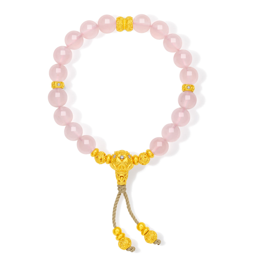 "Jiuhua Mountain" 24K Gold String Bracelet Rose Quartz Engraved Tassel 8-8.5mm 18cm A1938090