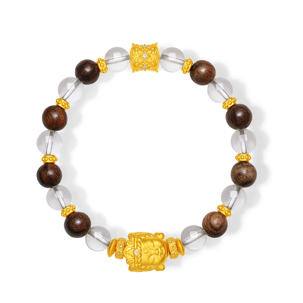 "Jiuhua Mountain" 24K Gold Beaded Bracelet Crystal Wood Buddha Sculpture 8-8.5mm 18cm J1936045