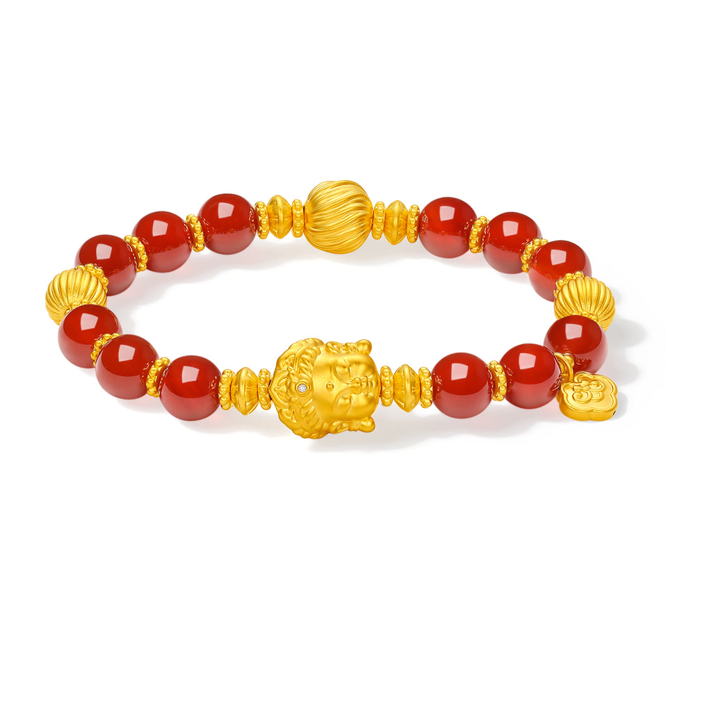"Jiuhua Mountain" 24K Gold Beaded Bracelet Agate Buddha Sculpture 8-8.5mm 18cm J1935477