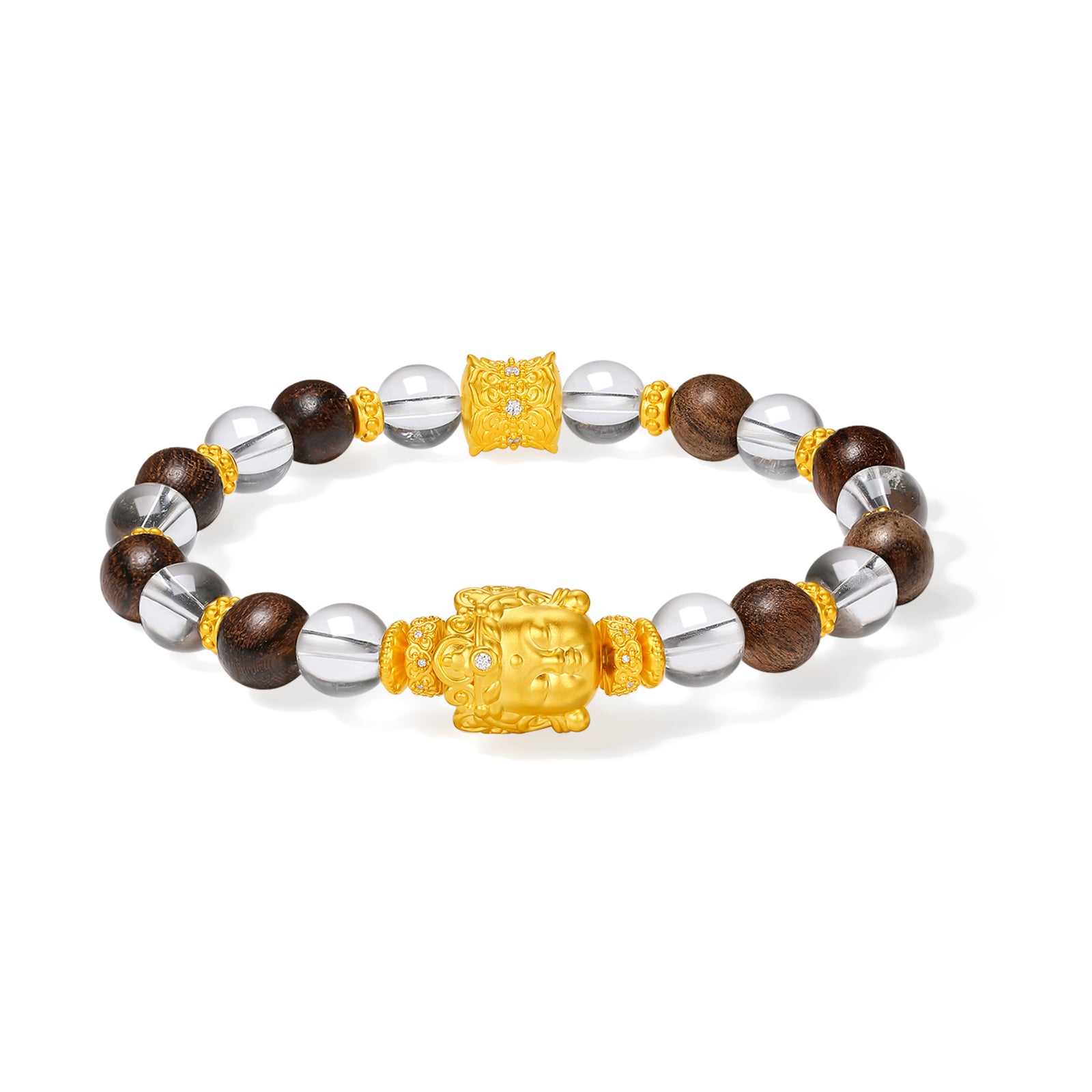 "Jiuhua Mountain" 24K Gold Beaded Bracelet Crystal Wood Buddha Sculpture 8-8.5mm 18cm J1936045