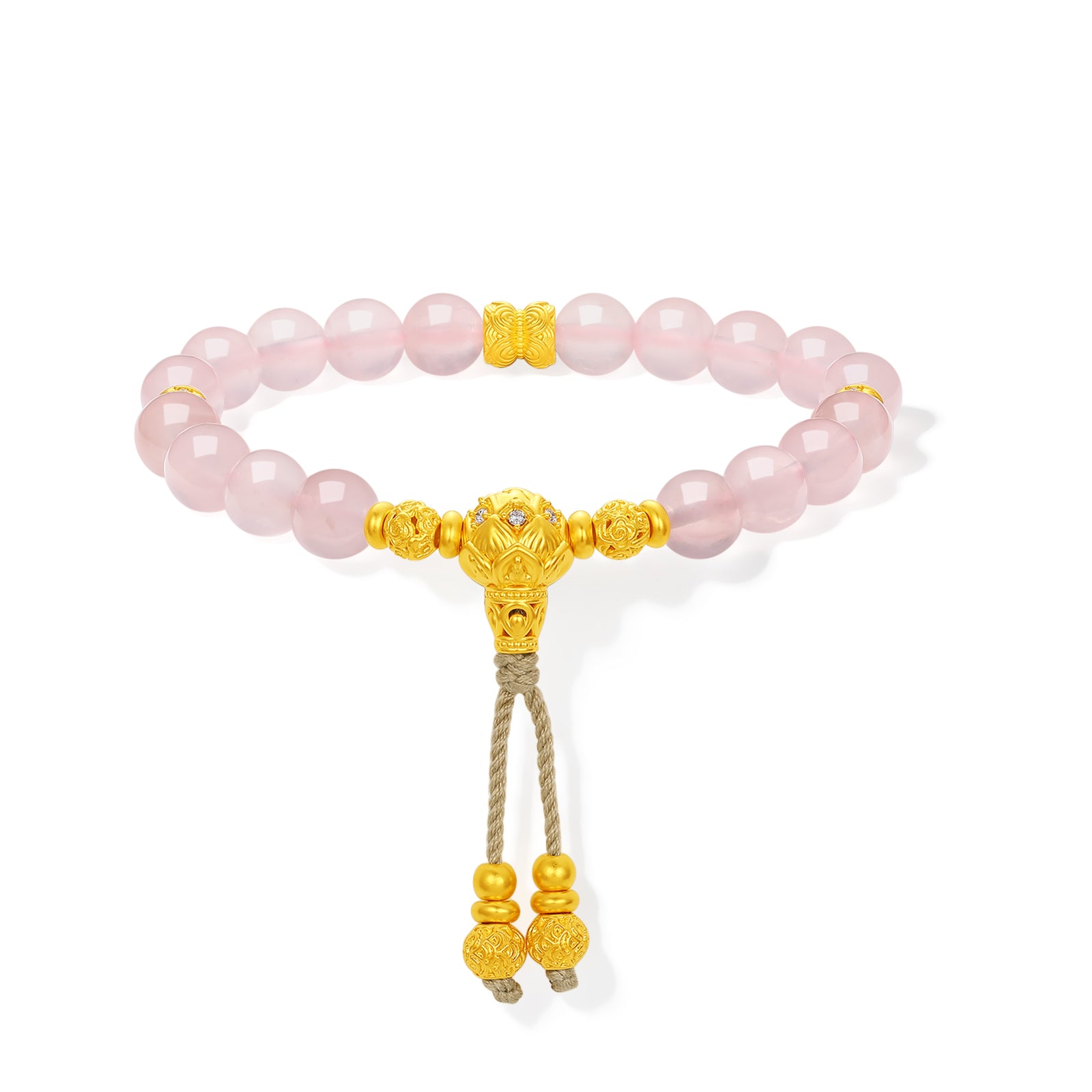 "Jiuhua Mountain" 24K Gold String Bracelet Rose Quartz Engraved Tassel 8-8.5mm 18cm A1938090