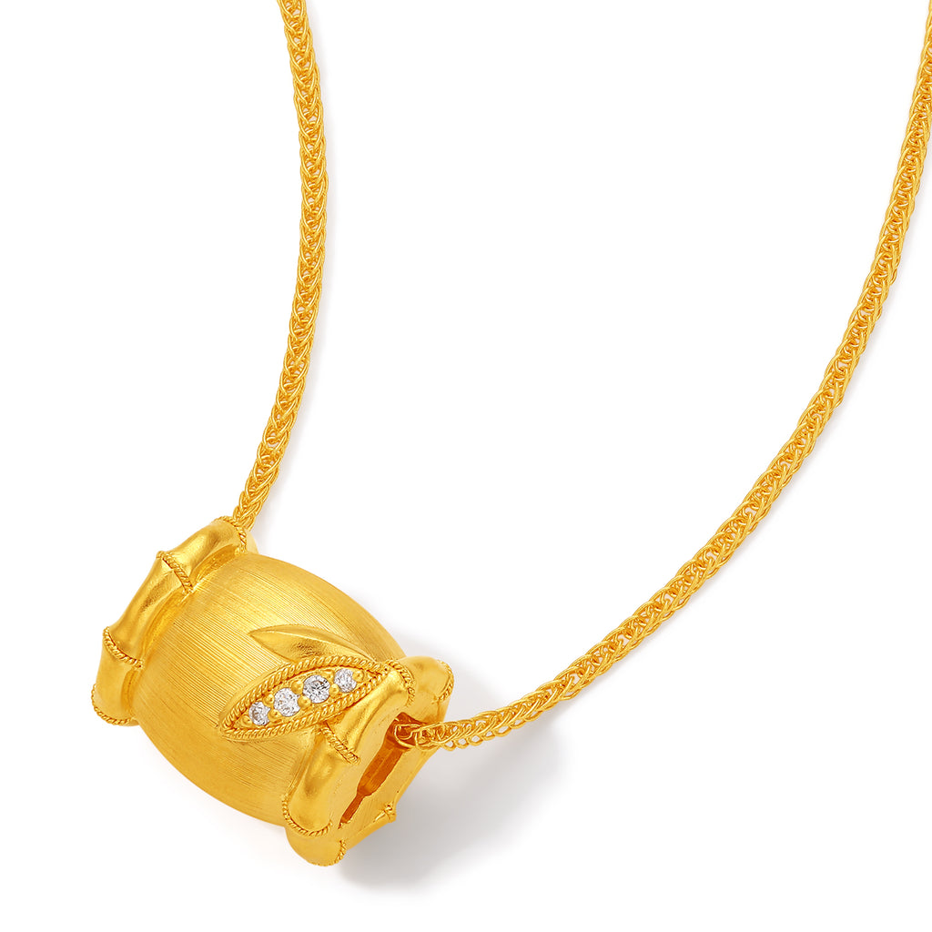 "Chinese Culture Collection - Dan Qing" 24K Gold Pendant Necklace Diamond 0.005ct Bamboo 10-13g W0636326