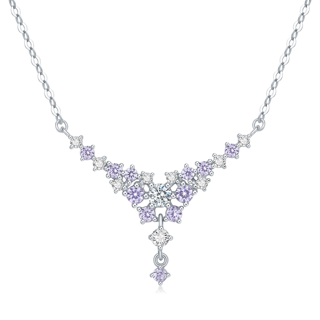 925 Sterling Silver Lavender Nebula Cluster Drop Necklace - Cubic Zirconia Star Bid Necklace Minimalist Clavicle Chain for Women 16-18inch