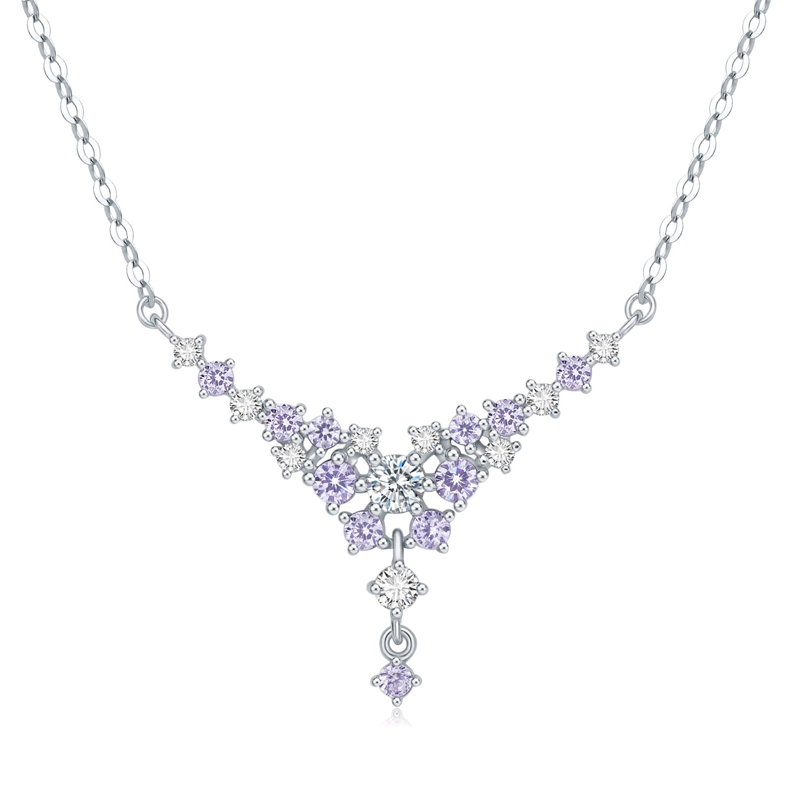 925 Sterling Silver Lavender Nebula Cluster Drop Necklace - Cubic Zirconia Star Bid Necklace Minimalist Clavicle Chain for Women 16-18inch