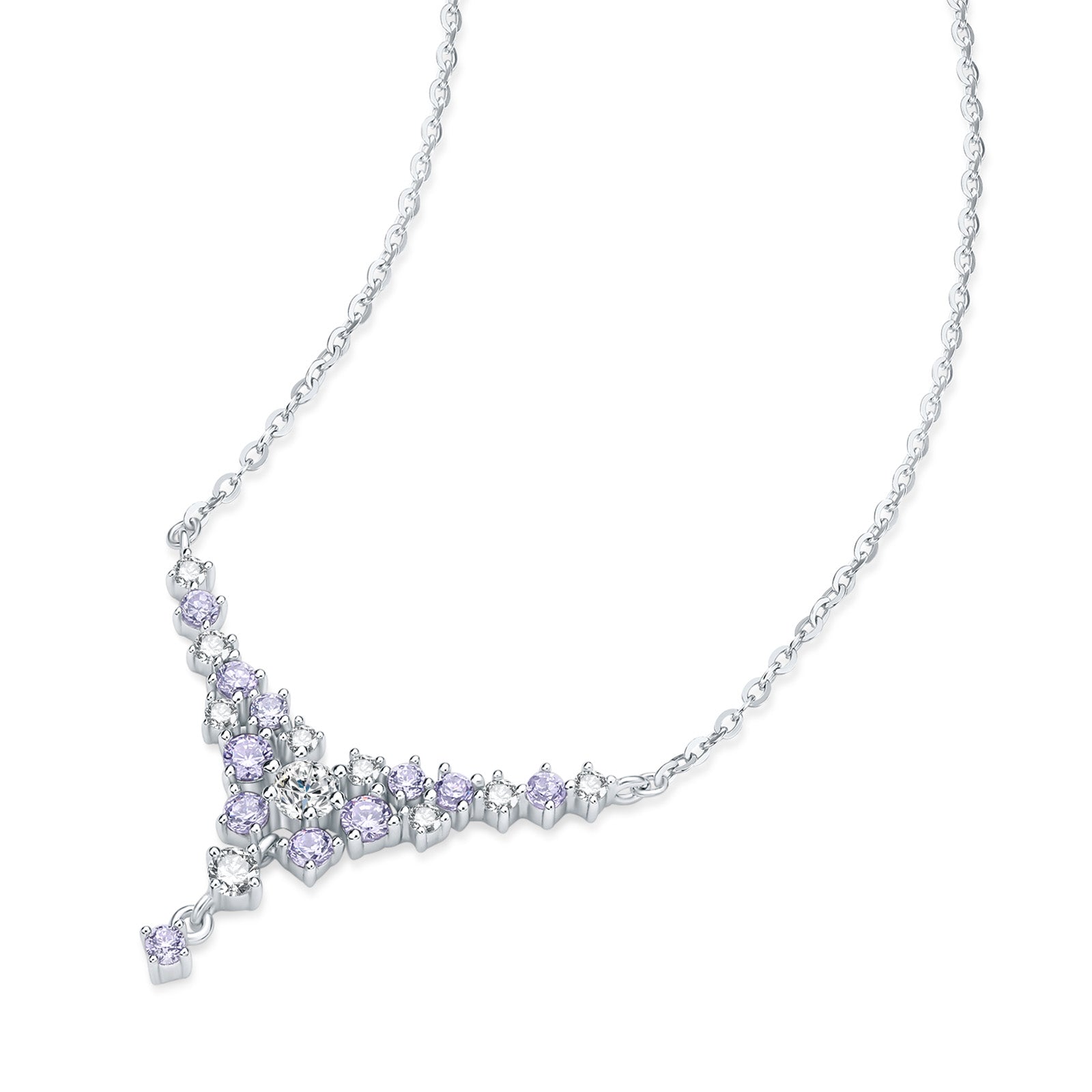 925 Sterling Silver Lavender Nebula Cluster Drop Necklace - Cubic Zirconia Star Bid Necklace Minimalist Clavicle Chain for Women 16-18inch