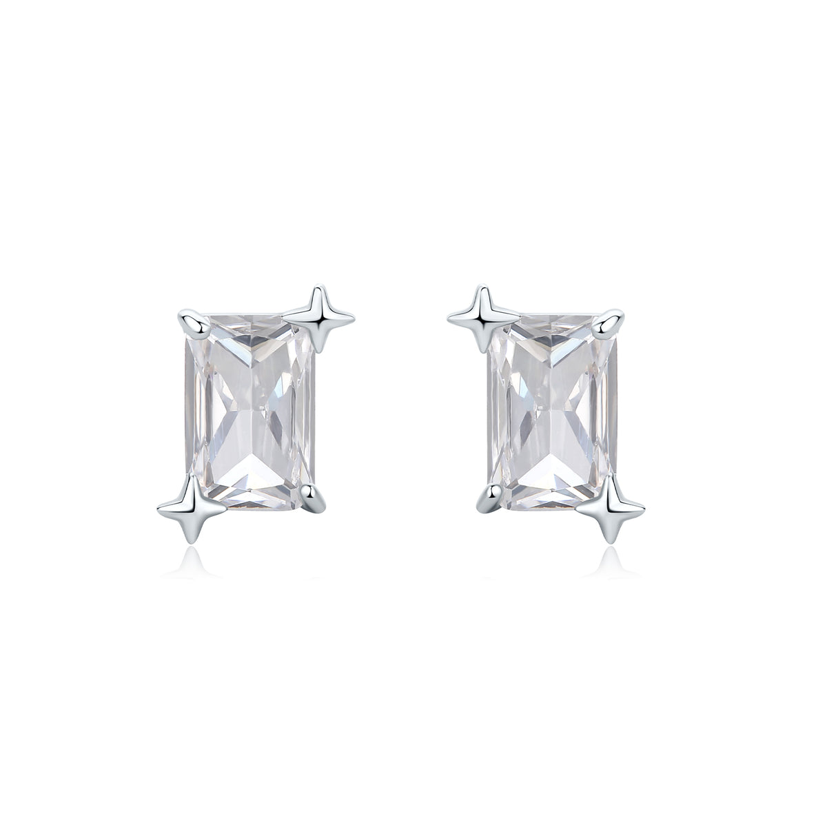 ZHOU LIU FU Rectangular Cut Cubic Zirconia Stud Earrings for Women 925 Sterling Silver 4 Prong Star Screw Back Minimalist Jewelry