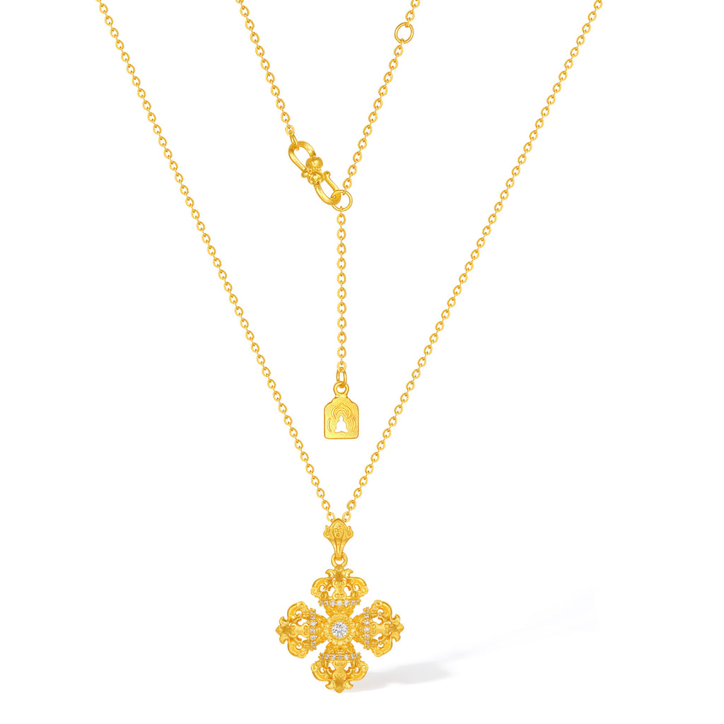 "Jiuhua Mountain" 24K Gold O Chain Necklace Diamond Four-Petaled Vajra Pendant Chain 40+5cm W0630216